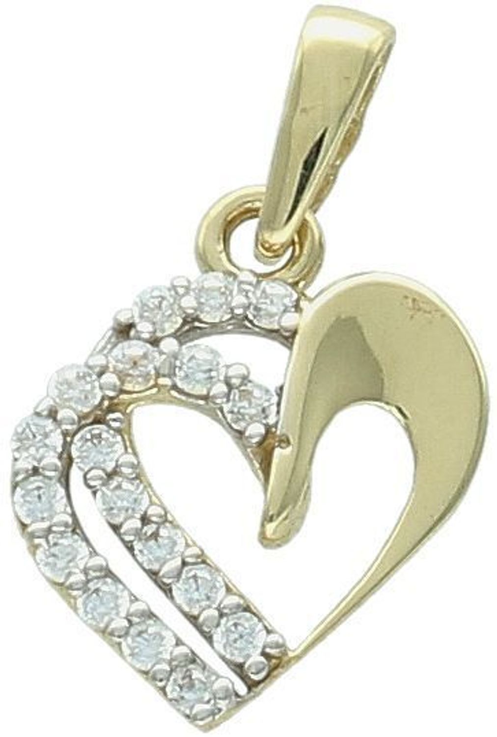 Złota zawieszka serce z białymi cyrkoniami – model DIA-ZAW-13306-585. Próba 585, waga 0,99 g, wymiary 2,0 x 1,2 cm. Romantyczna biżuteria idealna na prezent.1.jpg