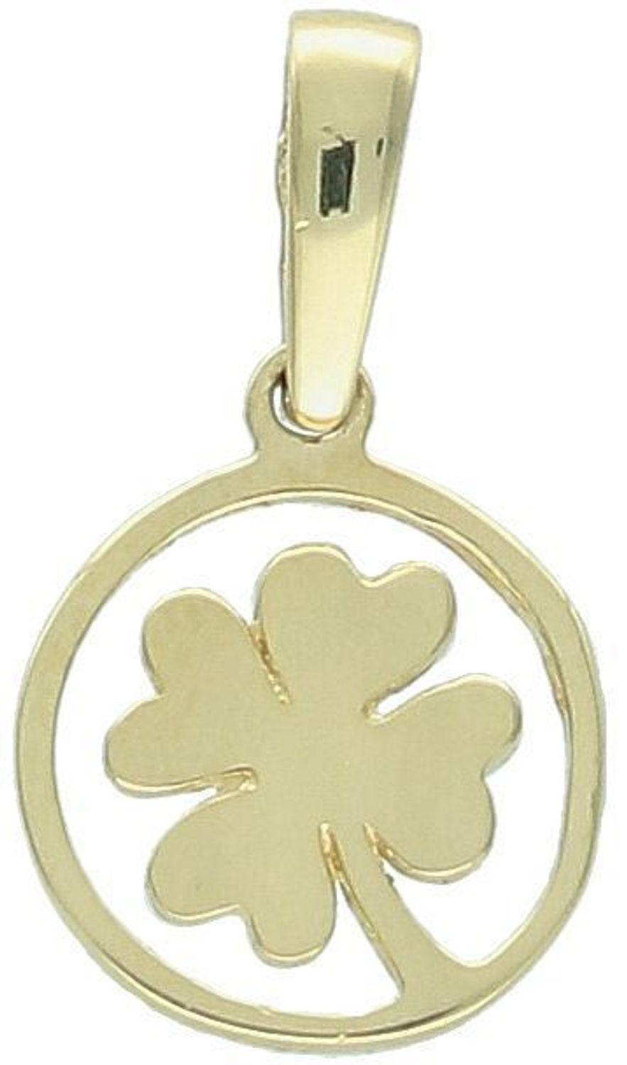 Złota zawieszka DIA-ZAW-13307-585 – koniczynka w kółeczku. Próba 585, waga 0,79 g, wymiary 1,5 x 1,0 cm. Symbol szczęścia w eleganckim wydaniu – idealna na prezent.1.jpg