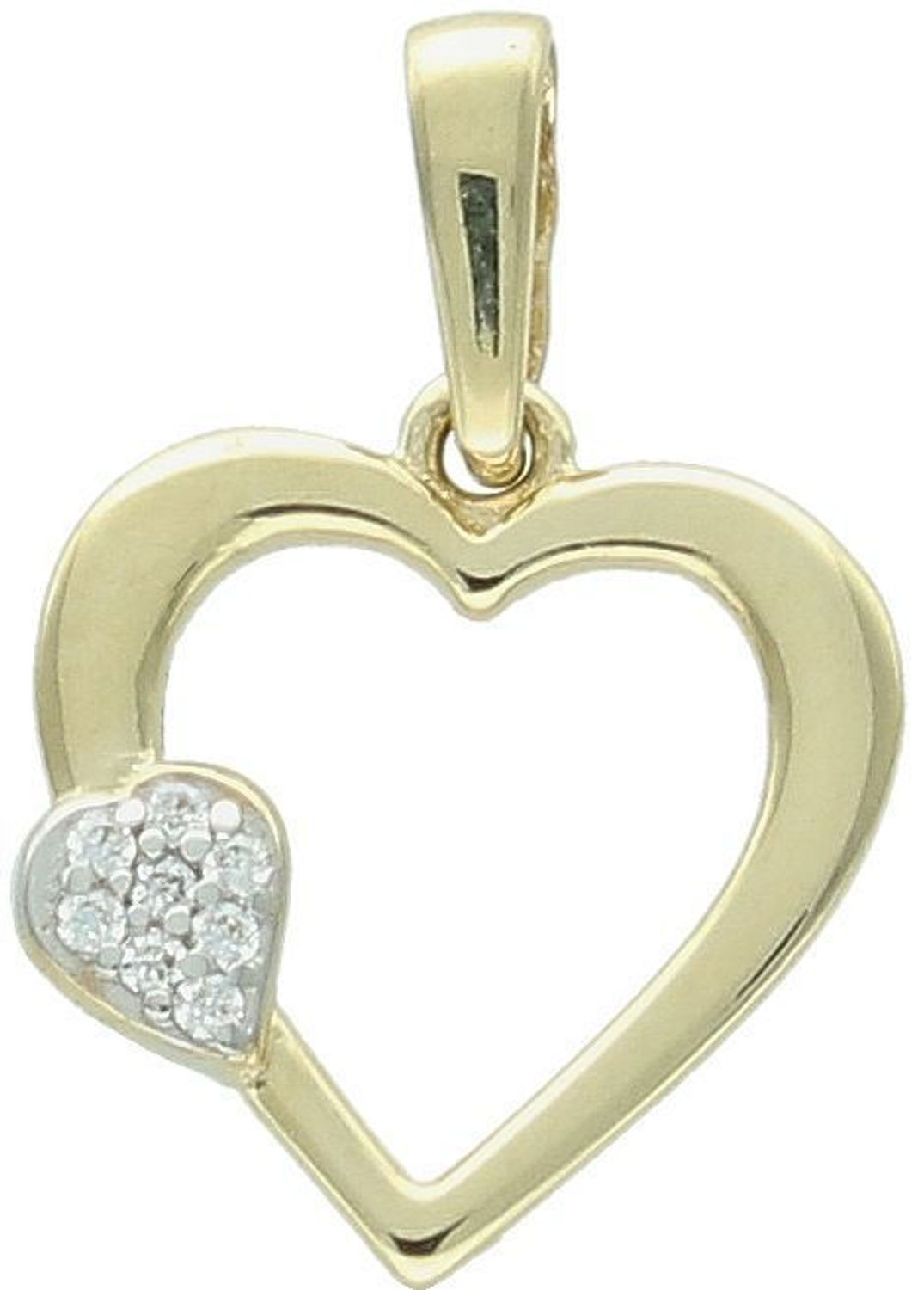 Złota zawieszka DIA-ZAW-13308-585 w kształcie serca z mniejszym serduszkiem wysadzanym cyrkoniami. Próba 585, waga 0,83 g, wymiary 2,0 x 1,3 cm. Subtelna i romantyczna biżuteria idealna 1.jpg