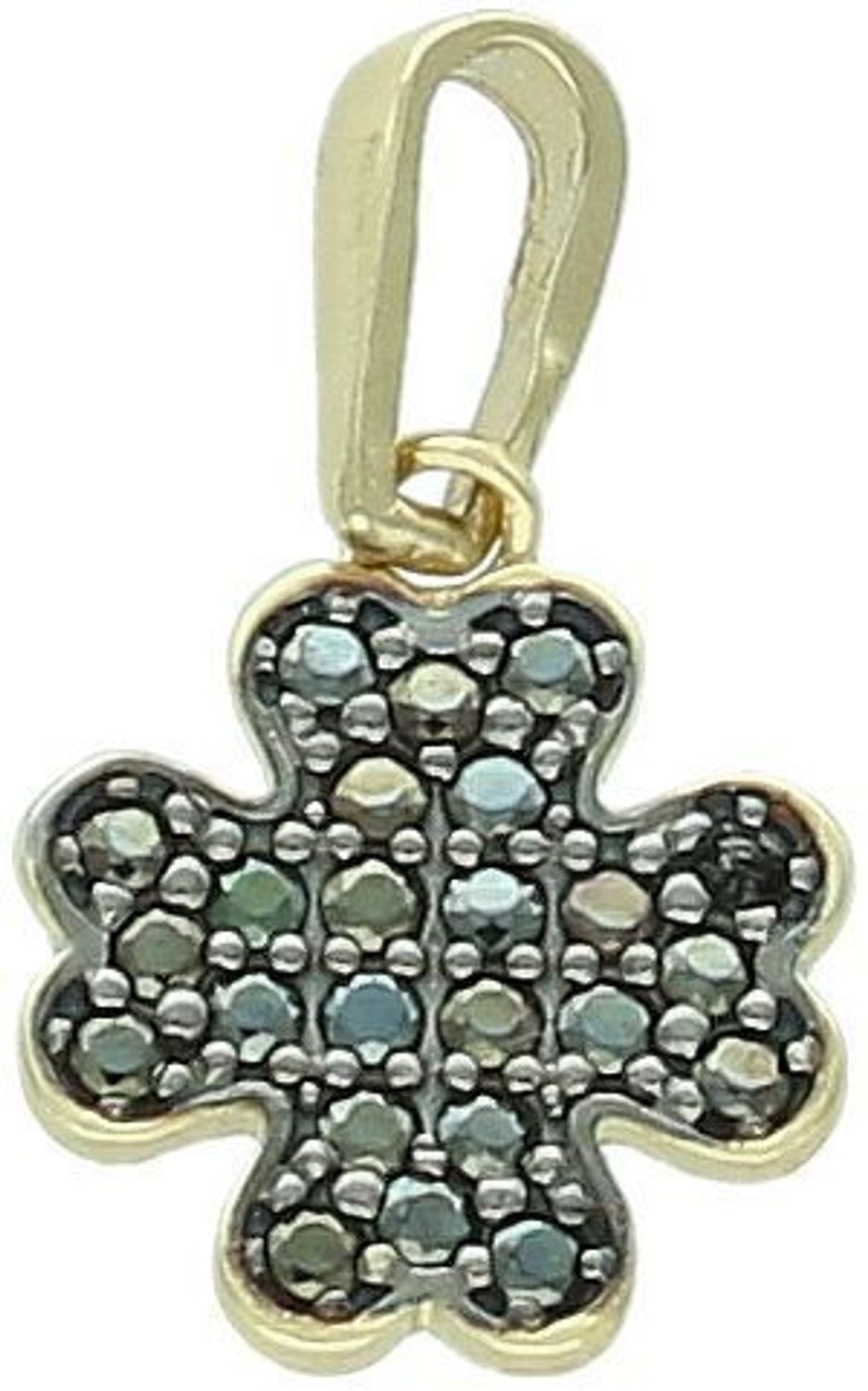 Złota zawieszka DIA-ZAW-13309-585 w kształcie koniczynki, zdobiona czarnymi cyrkoniami. Próba 585, waga 0,75 g, wymiary 1,7 × 1,0 cm. Stylowy symbol szczęścia – idealny na prezent!1.jpg