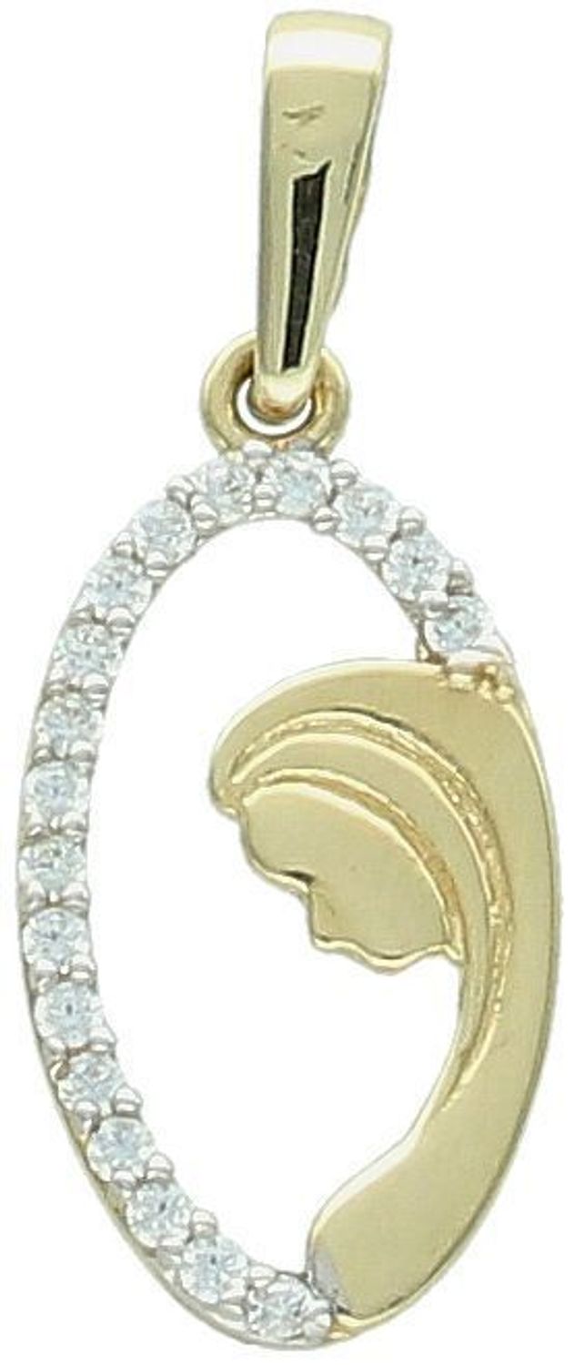 Złoty medalik DIA-ZAW-13310-585 z wizerunkiem Matki Boskiej. Próba 585, waga 0,74 g, długość 2,2 cm, szerokość 9 mm. Zdobiony cyrkoniami – symbol wiary i elegancji.1.jpg