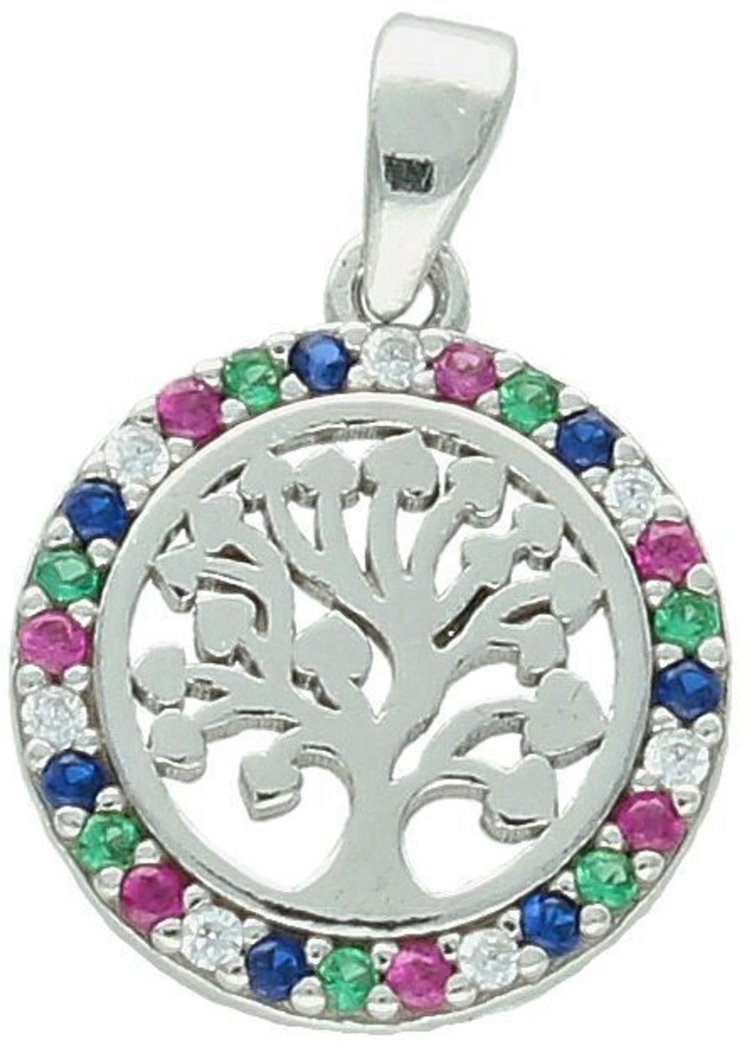 Zawieszka srebrna DIA-ZAW-13329-925 w kształcie drzewka szczęścia ozdobionego kolorowymi cyrkoniami. Próba 925, długość 1,7 cm, szerokość 1,2 cm, waga 1,30 g. Symbolika i subtelny blask.1.jpg