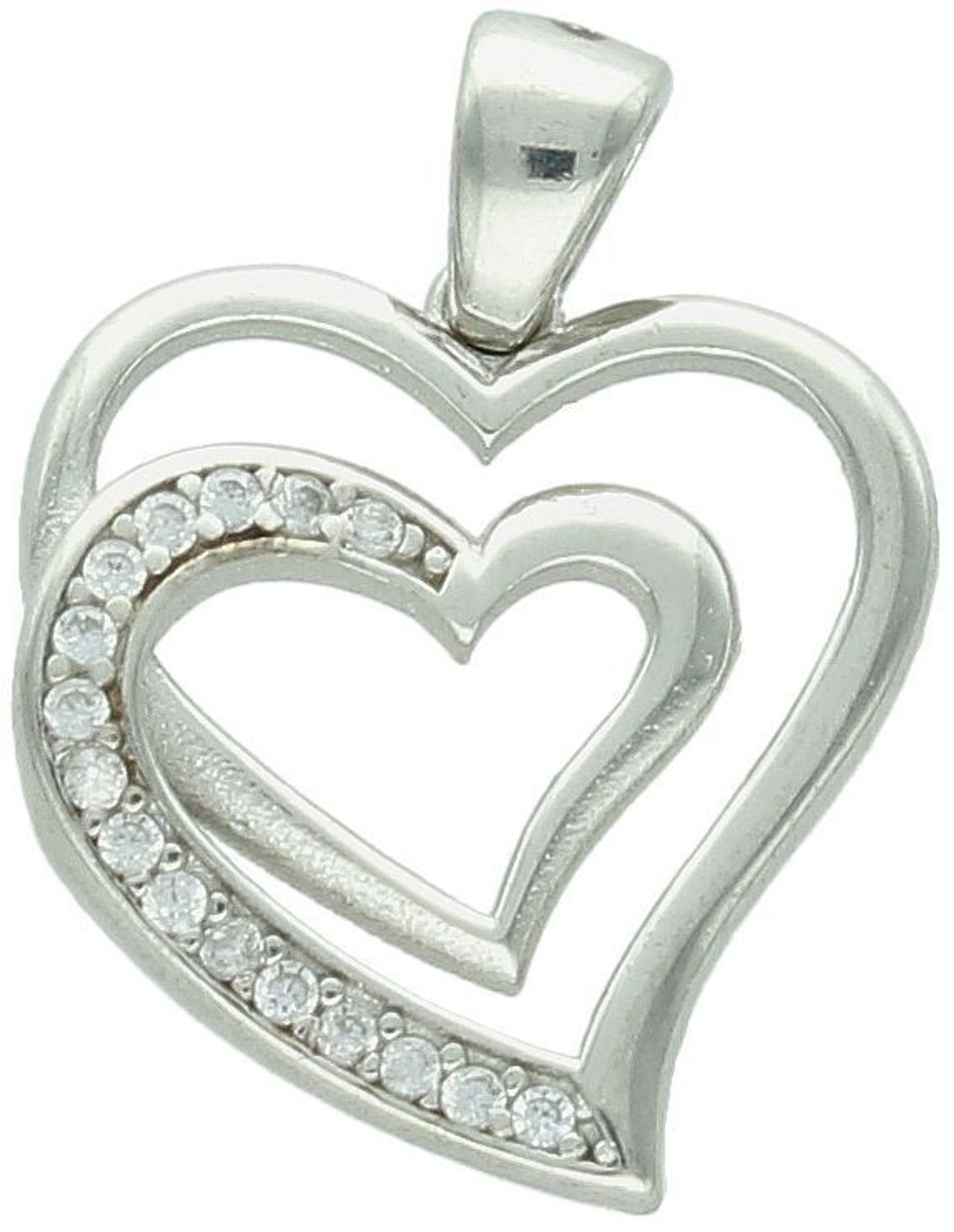 Zawieszka srebrna DIA-ZAW-13335-925 w kształcie dwóch serc, jedno ozdobione delikatną cyrkonią. Srebro próby 925, długość 2,0 cm, szerokość 1,5 cm, waga 1,80 g. Symboliczna i kobieca.1.jpg