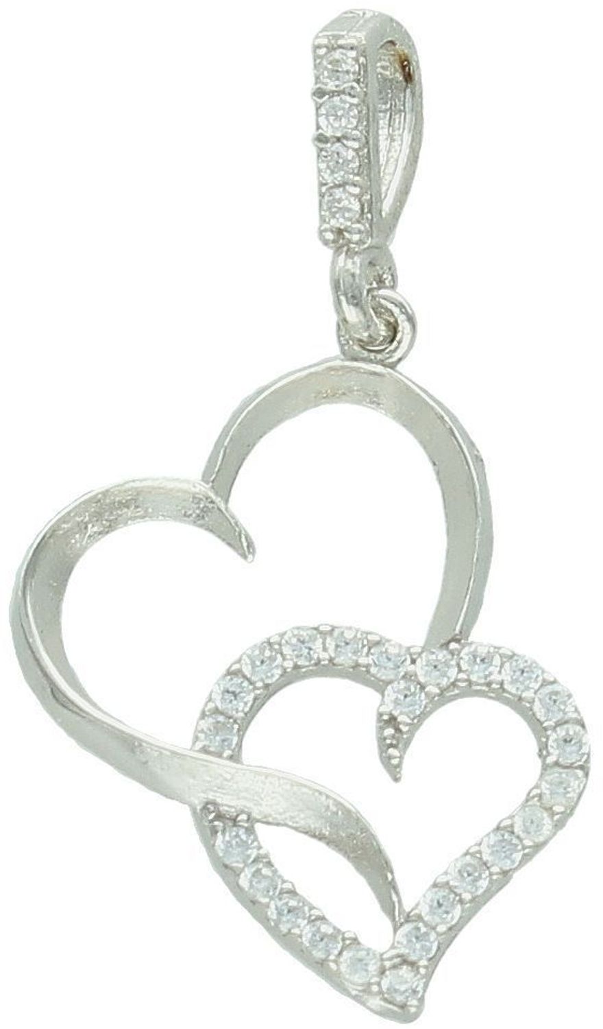 Romantyczna zawieszka srebrna DIA-ZAW-13337-925 z dwoma splecionymi sercami, jedno zdobione cyrkoniami. Srebro próby 925, długość 2,8 cm, szerokość 1,3 cm, waga 0,90 g.1.jpg