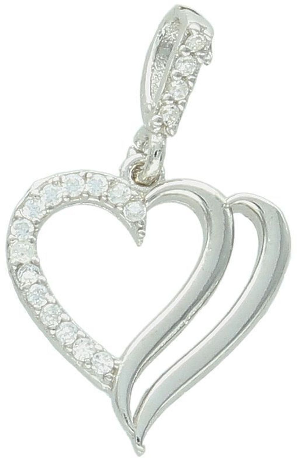 Romantyczna zawieszka srebrna DIA-ZAW-13338-925 w kształcie serca, zdobiona cyrkoniami. Srebro próby 925, waga 1,10 g, długość 2,2 cm, szerokość 1,5 cm. Idealna na prezent dla niej.1.jpg