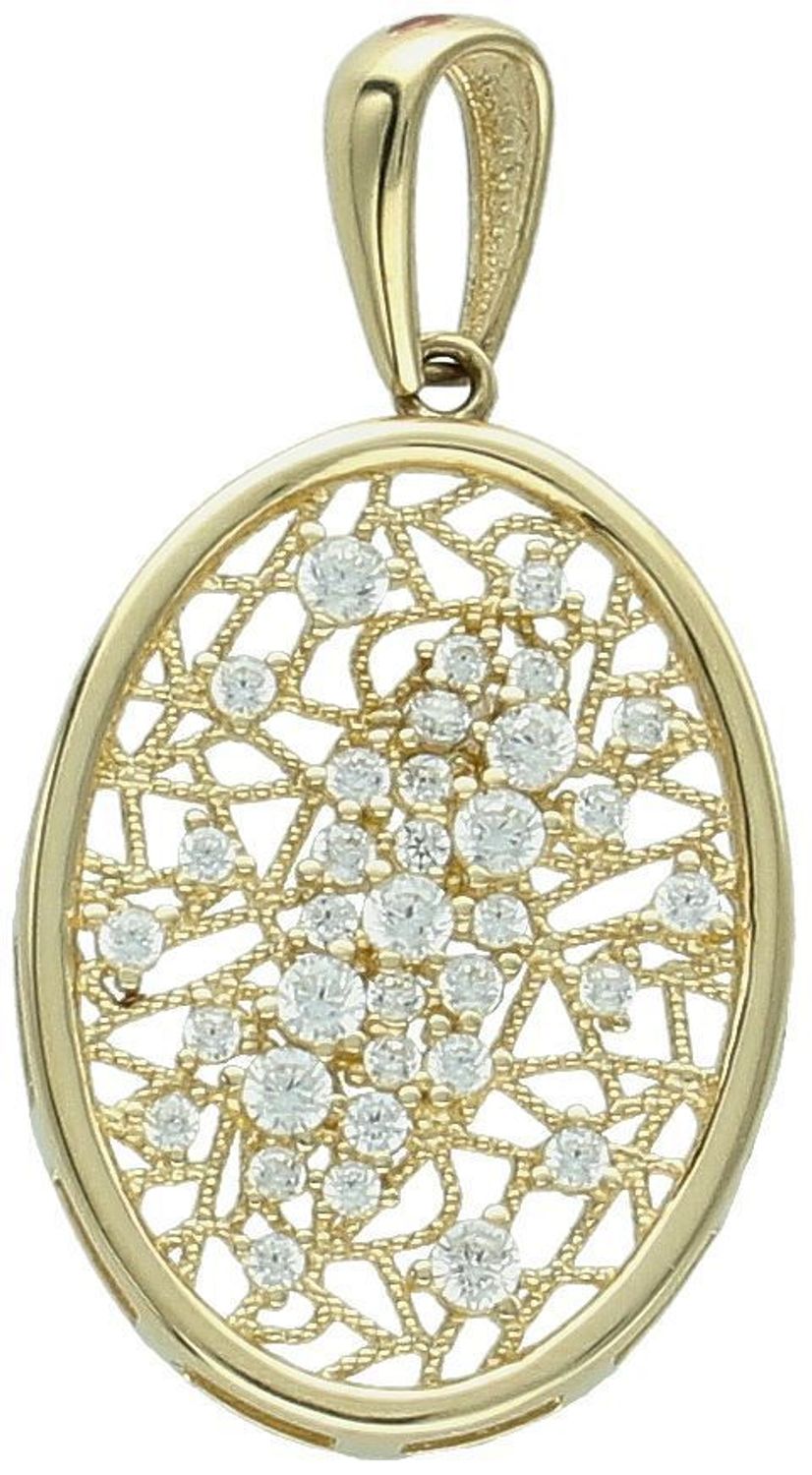 Złota zawieszka damska próby 585 o owalnym, ażurowym kształcie, zdobiona cyrkoniami. Wymiary 2,3 x 1,7 cm, waga 2,62 g. Elegancka i kobieca.1.jpg