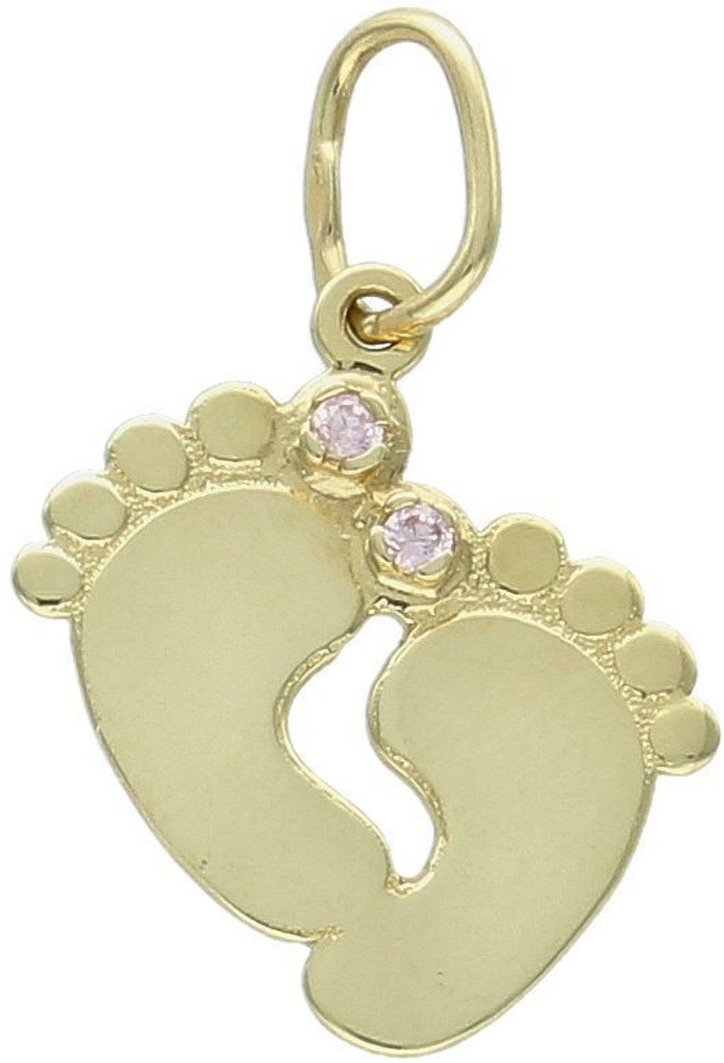 Złota zawieszka w kształcie stópek z różowymi cyrkoniami. Próba 585, długość 2,3 cm, waga 1,06 g. Urocza pamiątka narodzin dziecka lub wyjątkowy prezent dla mamy.1.jpg