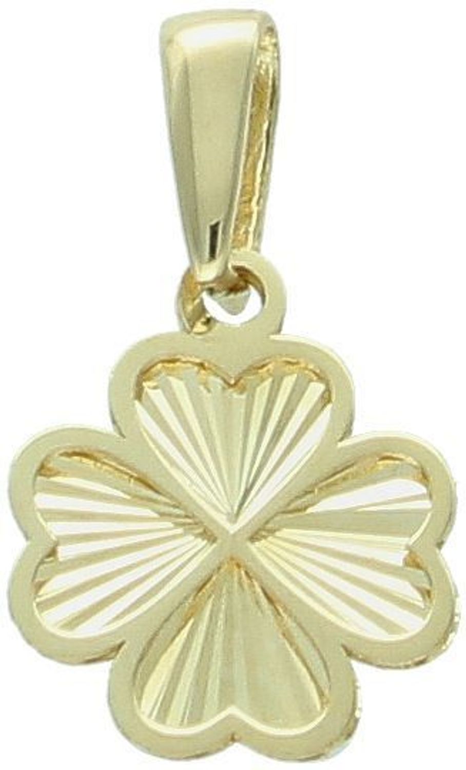 Złota zawieszka próby 585 w kształcie koniczynki z ozdobnym wzorem. Długość 1,5 cm, szerokość 9 mm. Lekka, stylowa i pełna uroku – idealna na szczęście.1.jpg