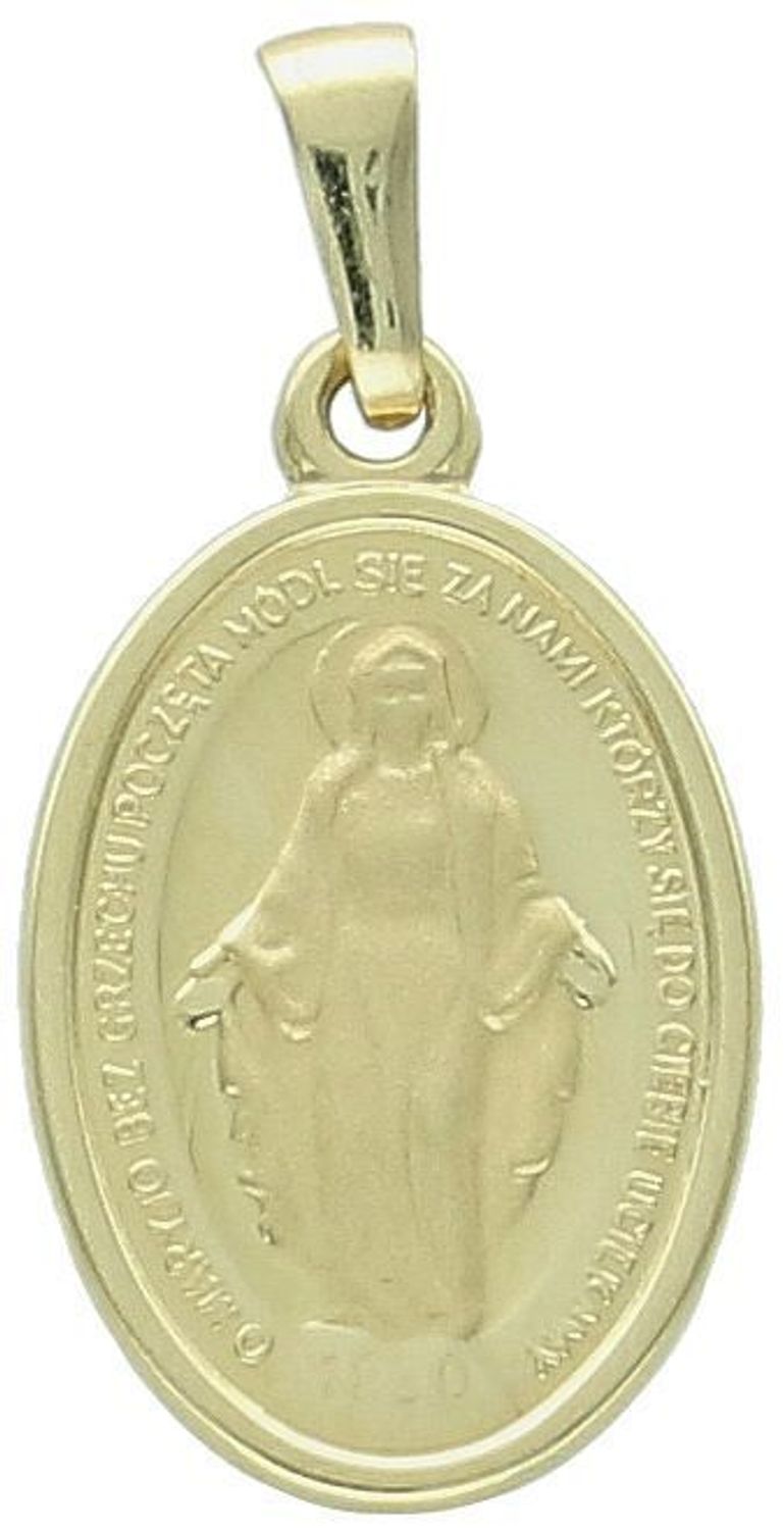 Złoty medalik Matki Boskiej Cudownej próby 585. Klasyczna zawieszka o długości 2,5 cm, szerokości 1,2 cm i wadze 1,72 g. Symbol wiary i ochrony.1.jpg