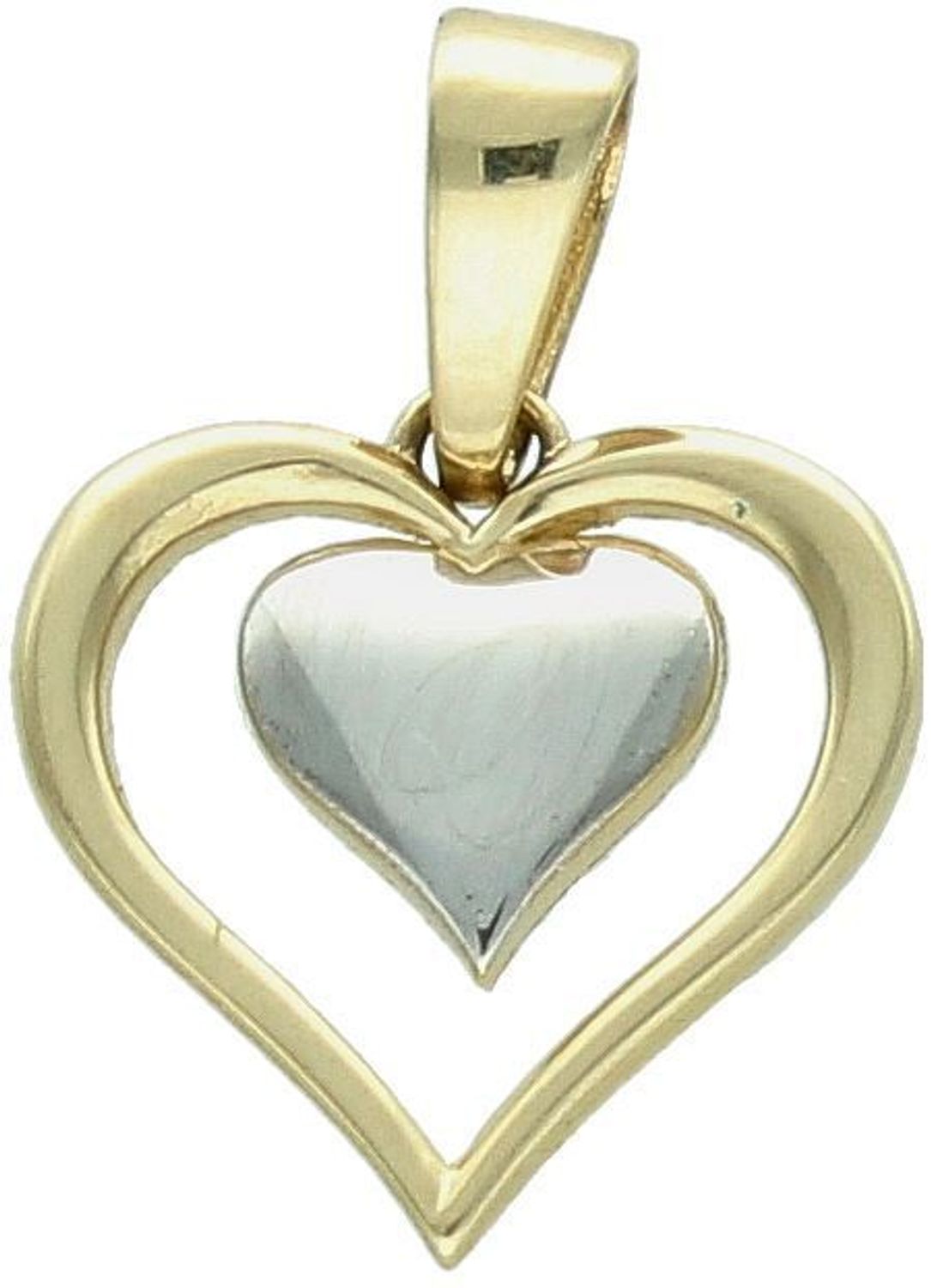 Zawieszka damska złota 585 z dodatkiem białego złota – subtelne serce w sercu. Elegancka biżuteria o wymiarach 1,7 x 1,2 cm, waga 0,75 g. Model DIA-ZAW-13595-585 – symbol miłości i elegancji.1.jpg