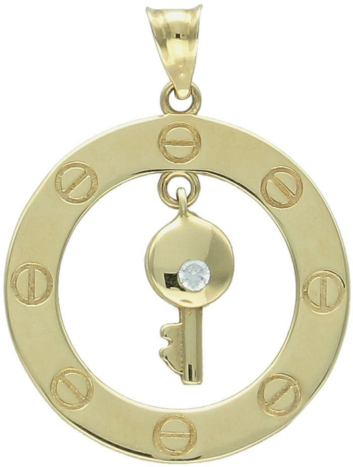 Złota zawieszka próby 585 z ruchomym kluczykiem w środku – symboliczna biżuteria idealna na prezent. Średnica 2,2 cm, waga 1,64 g. Sprawdź!1.jpg