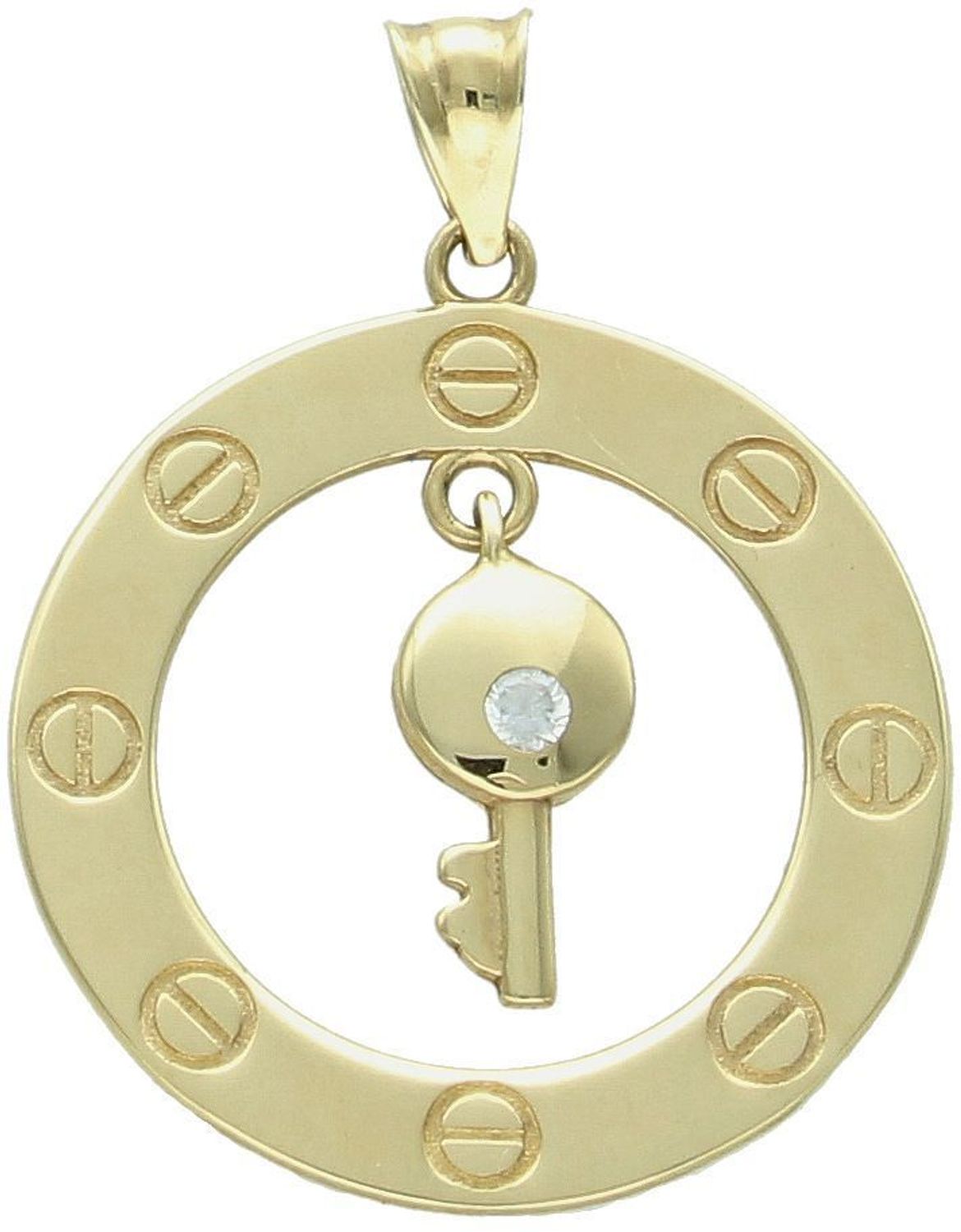 Złota zawieszka próby 585 z ruchomym kluczykiem w środku – symboliczna biżuteria idealna na prezent. Średnica 2,2 cm, waga 1,64 g. Sprawdź!1.jpg