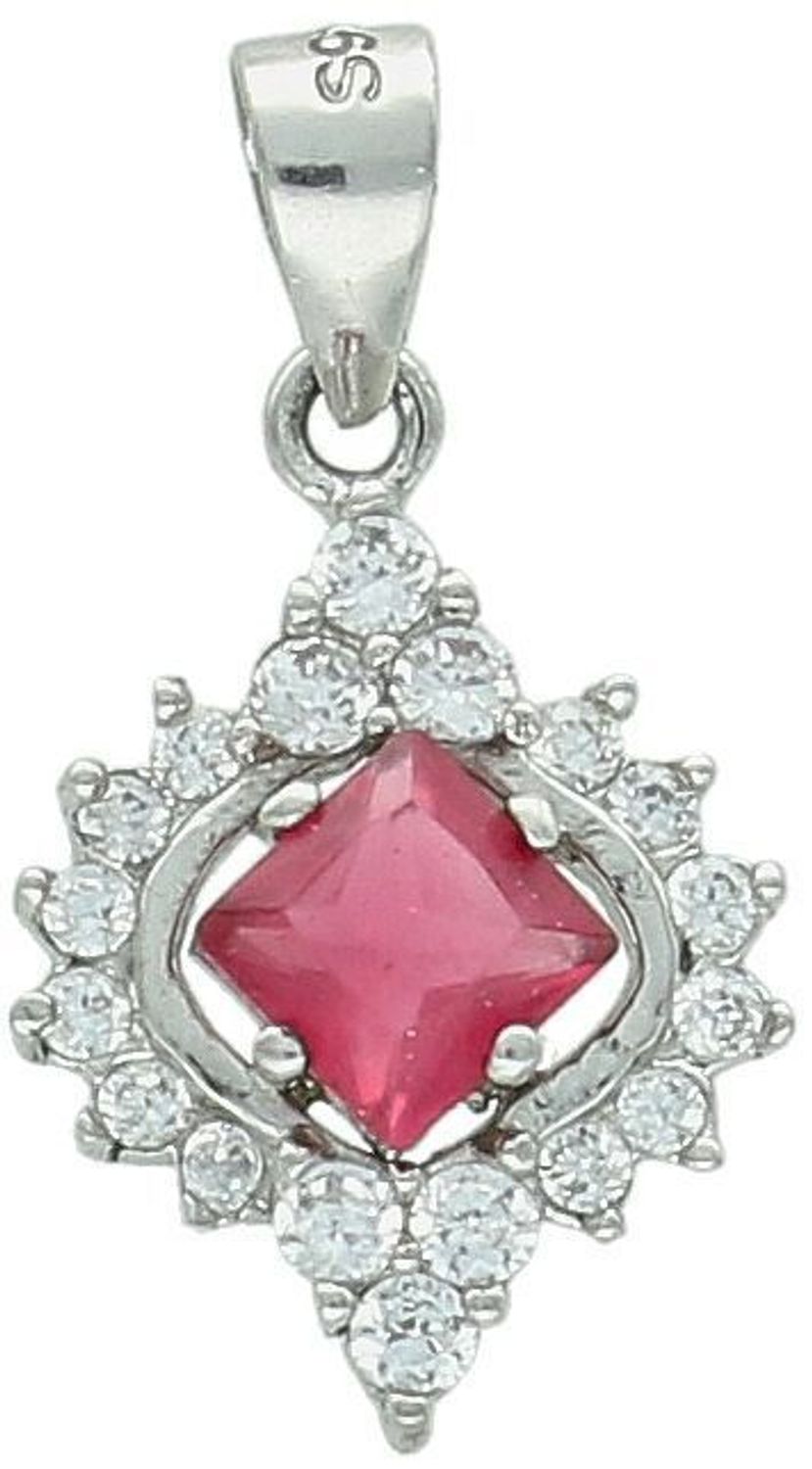 Elegancka zawieszka srebrna DIA-ZAW-13637-925 ozdobiona dużą czerwoną cyrkonią oraz mniejszymi białymi. Wykonana ze srebra próby 925, długość 2,2 cm, szerokość 1,2 cm, waga 1,60 g.1.jpg
