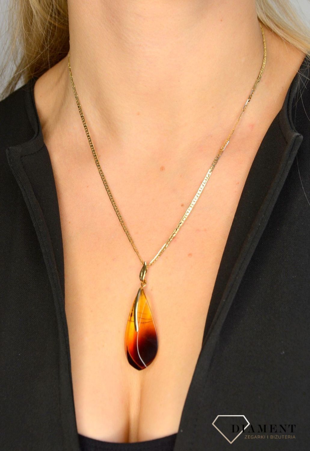 Złota zawieszka 585 bursztyn w kształcie łezki DIA-ZAW-1366-585.jpg