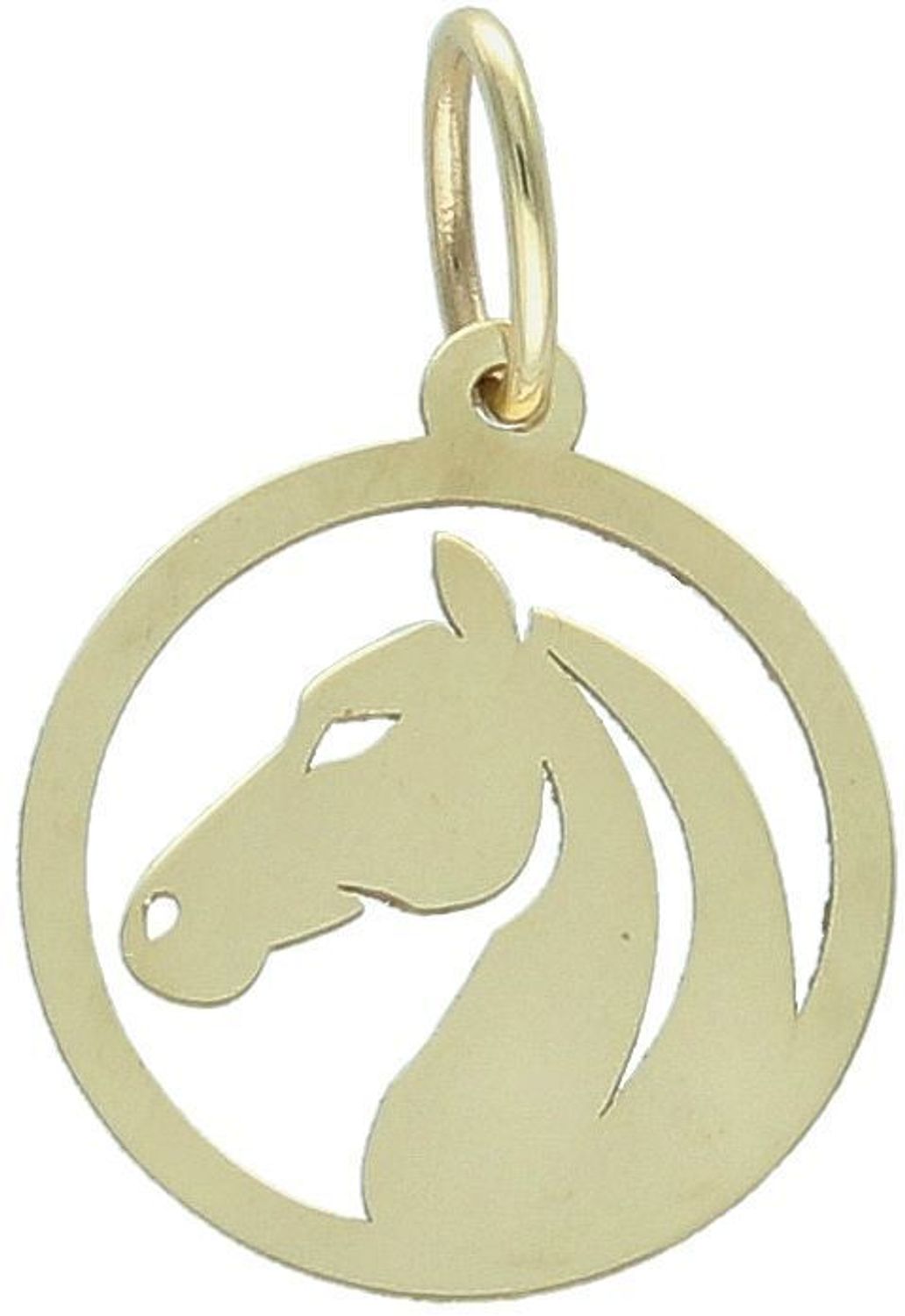 Stylowa zawieszka damska złota próby 585, model DIA-ZAW-13684-585. Okrągła z wizerunkiem głowy konia, wymiary 2,0 x 1,4 cm, waga 0,58 g. Idealna na prezent lub do codziennego noszenia.1.jpg