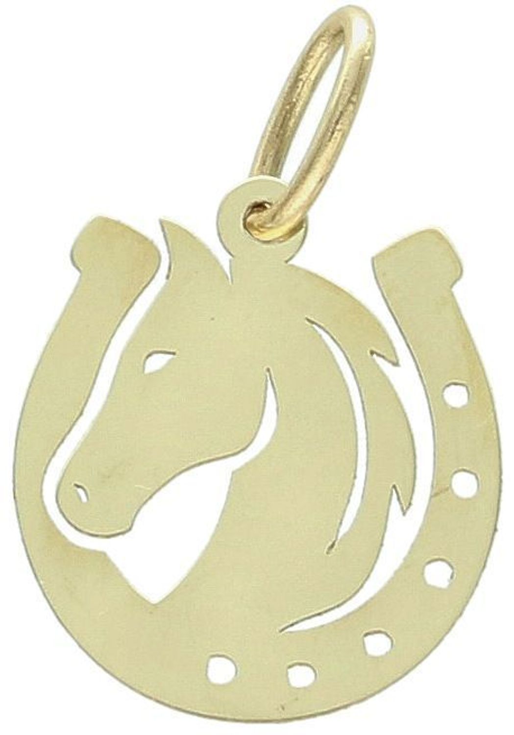 Stylowa zawieszka damska złota próby 585, model DIA-ZAW-13685-585. Podkowa z wizerunkiem głowy konia, długość z oczkiem 2,0 cm, szerokość 1,3 cm, waga 0,58 g. 1.jpg