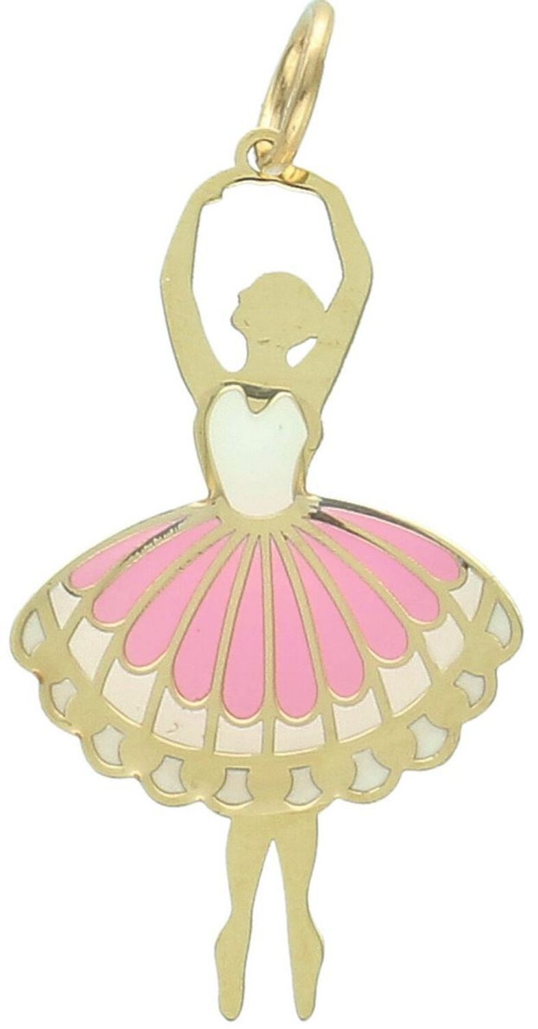 Zawieszka złota DIA-ZAW-13702-585 – baletnica zdobiona biało-różową emalią. Wymiary 3,5 cm x 1,8 cm, waga 0,72 g. Delikatny i dziewczęcy dodatek, idealny na prezent.1.jpg