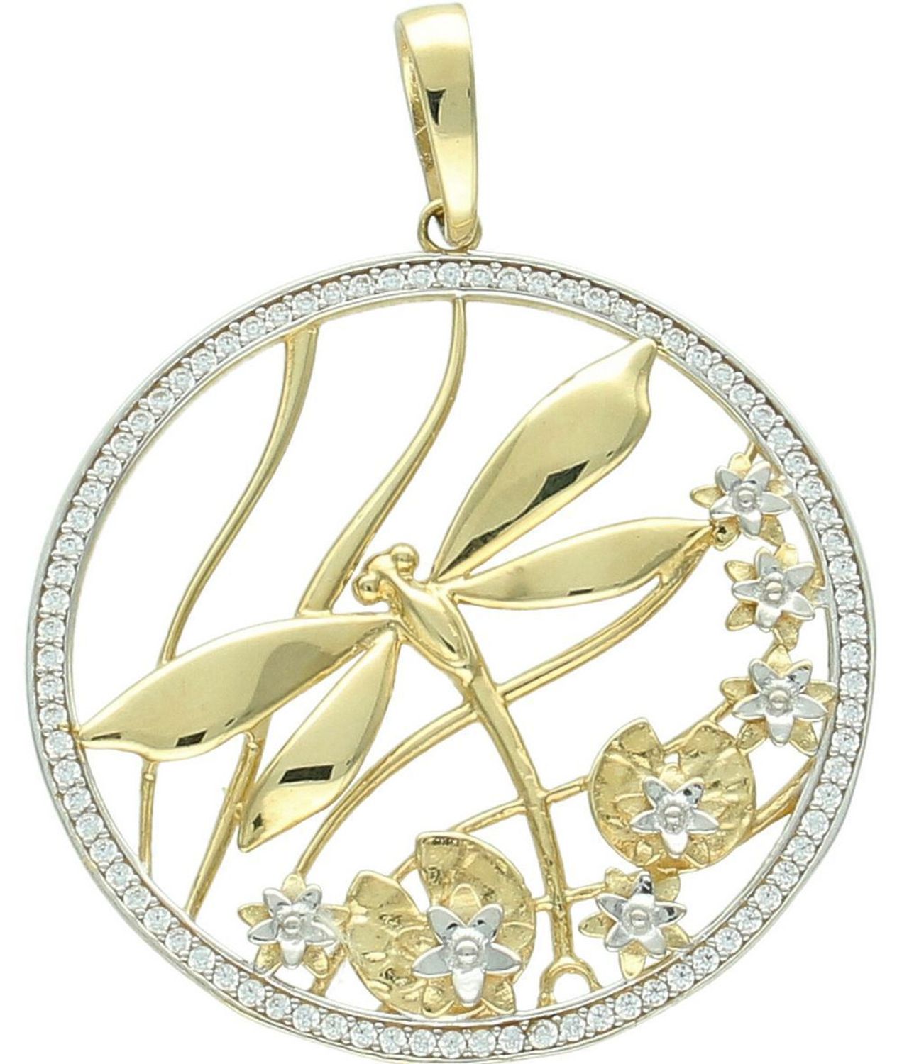 Zawieszka złota damska DIA-ZAW-13703-585 – okrągła zawieszka z ważką i cyrkoniami. Wymiary 4,0 cm x 3,2 cm, waga 4,30 g. Elegancka i efektowna biżuteria idealna na prezent.1.jpg