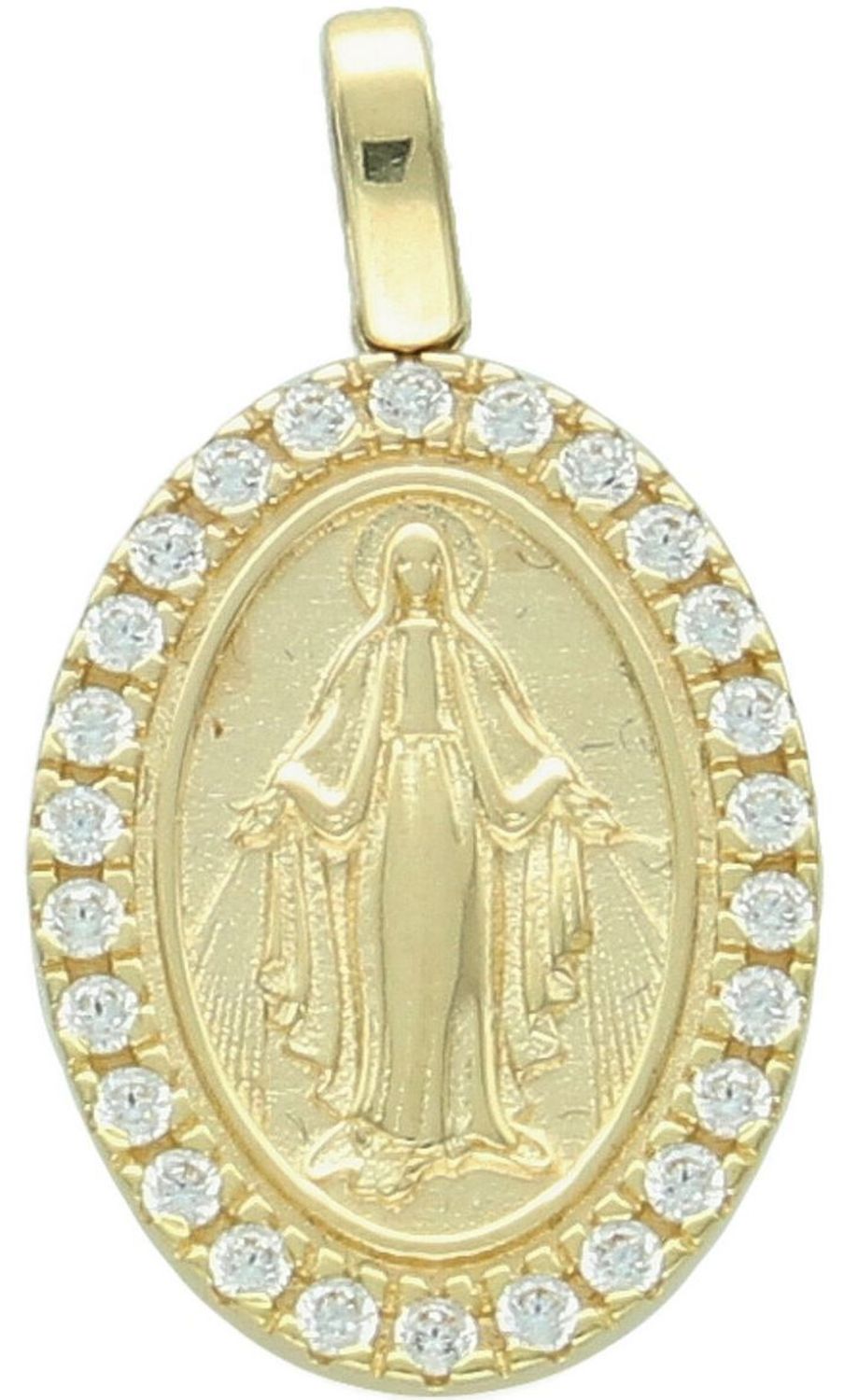 Zawieszka złota DIA-ZAW-13749-585 – Matka Boska Cudowna, owalna, zdobiona cyrkoniami. Wymiary 2,3 cm x 1,3 cm, waga 1,84 g. Elegancka biżuteria religijna, idealna na prezent.1.jpg