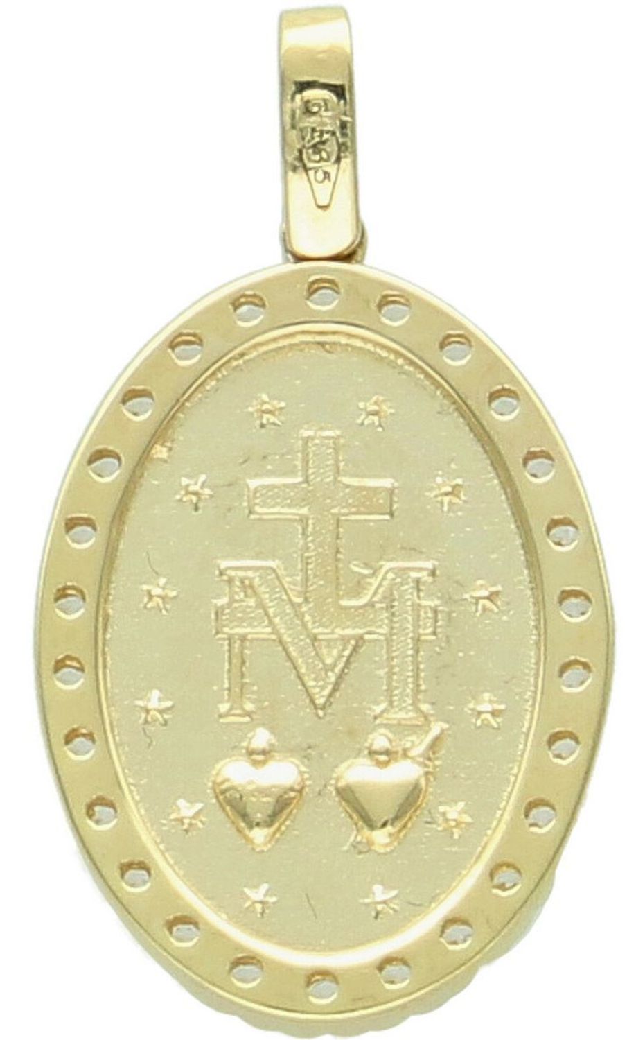 Zawieszka złota DIA-ZAW-13749-585 – Matka Boska Cudowna, owalna, zdobiona cyrkoniami. Wymiary 2,3 cm x 1,3 cm, waga 1,84 g. Elegancka biżuteria religijna, idealna na prezent.1.jpg