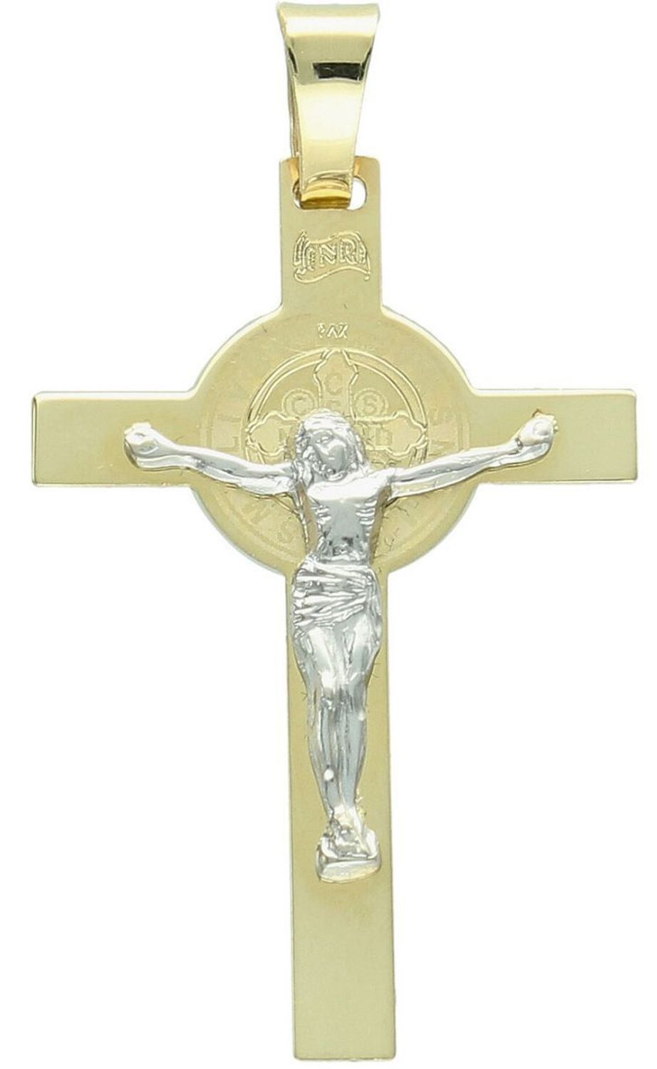 Zawieszka złota DIA-ZAW-13755-585 – krzyż św. Benedykta zdobiony białym złotem. Wymiary 4,2 cm x 2,4 cm, waga 2,09 g. Elegancka i symboliczna biżuteria religijna, idealna na prezent.1.jpg