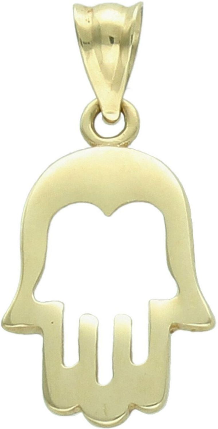 Minimalistyczna zawieszka złota Ręka Fatimy próby 585, pusta w środku. Wymiary 2,1×1,0 cm, waga 0,73 g. Lekki talizman i elegancki prezent.1.jpg