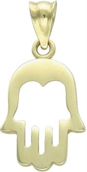 Minimalistyczna zawieszka złota Ręka Fatimy próby 585, pusta w środku. Wymiary 2,1×1,0 cm, waga 0,73 g. Lekki talizman i elegancki prezent.1.jpg
