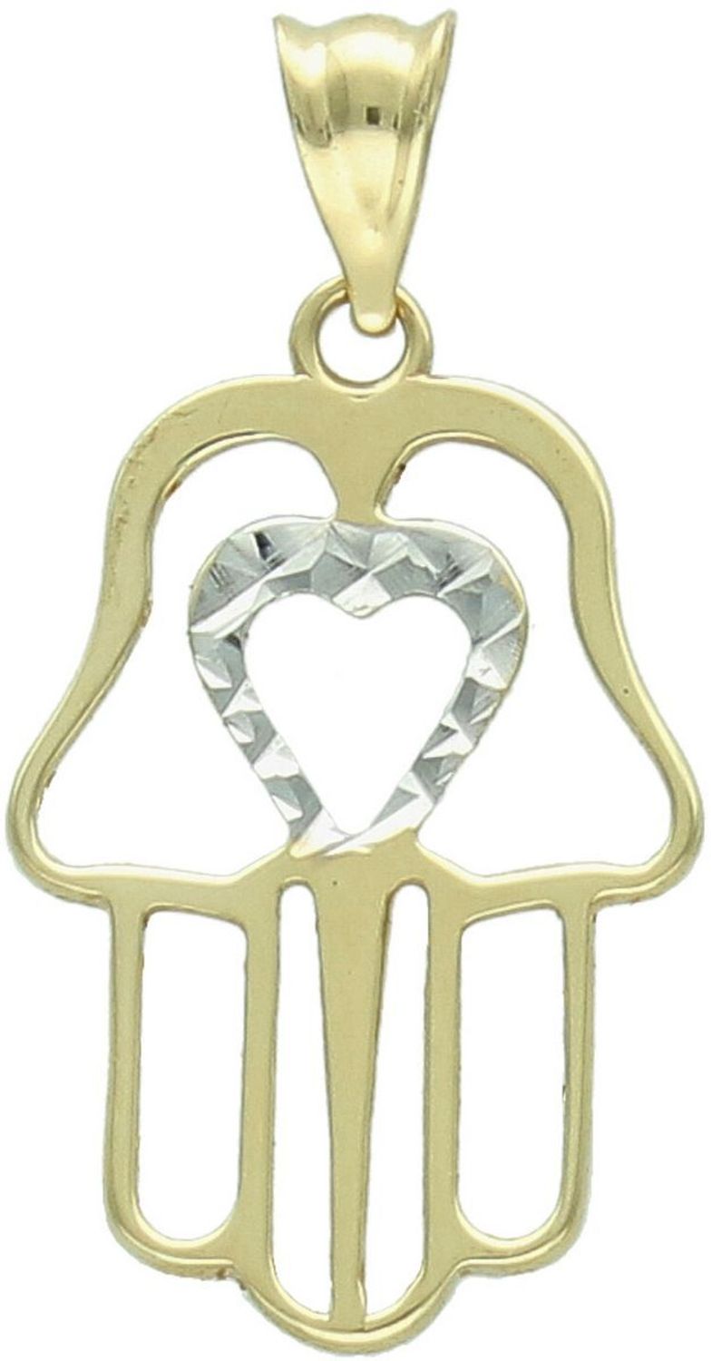 Elegancka zawieszka złota Ręka Fatimy próby 585, zdobiona sercem z białym złotem. Wymiary 2,5 cm × 1,3 mm, waga 0,76 g. Idealny talizman i prezent.1.jpg