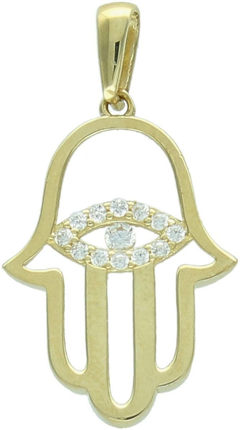 Elegancka zawieszka złota Ręka Fatimy z okiem próby 333, zdobiona białymi cyrkoniami. Wymiary 2,5×1,4 cm, waga 1,04 g. Idealny talizman i prezent.1.jpg