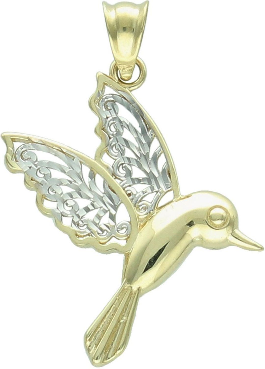 Subtelna zawieszka srebrna koliber próby 333, zdobiona białym złotem. Wymiary 2,5×2,0 cm, waga 1,07 g. Idealna do codziennej elegancji lub prezentu.1.jpg