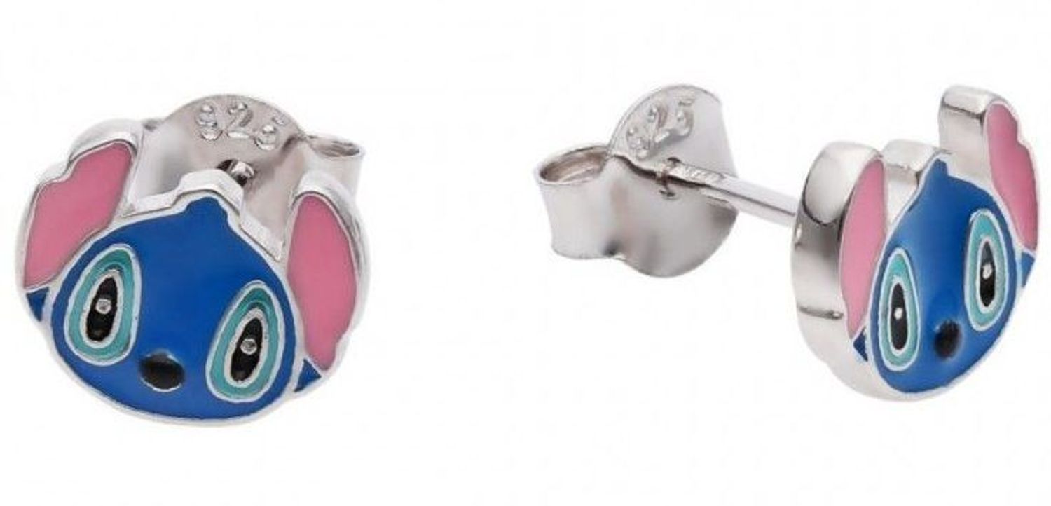 Srebrne kolczyki Stich próby 925, rodowane i emaliowane w kolorach różowym, białym i niebieskim. Urocze kolczyki na sztyfcie – idealne na prezent.1.jpg