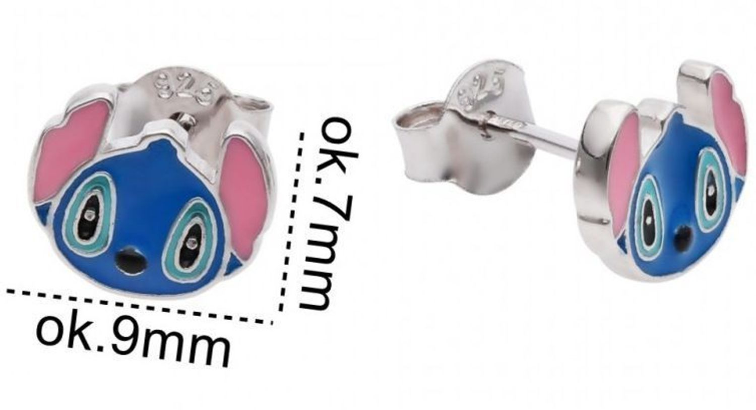 Srebrne kolczyki Stich próby 925, rodowane i emaliowane w kolorach różowym, białym i niebieskim. Urocze kolczyki na sztyfcie – idealne na prezent.1.jpg