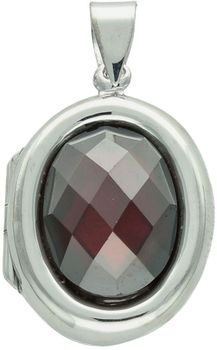 Zawieszka srebrna próby 925 w kształcie owalu, otwierana, z czerwoną cyrkonią z jednej strony i gładką powierzchnią z drugiej. Model DIA-ZAW-13898-925, długość z oczkiem 3,5 cm, 1.jpg