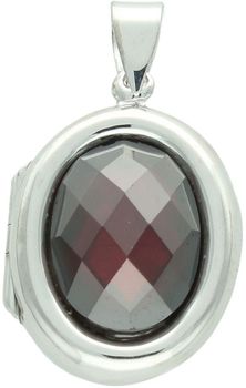 Zawieszka srebrna próby 925 w kształcie owalu, otwierana, z czerwoną cyrkonią z jednej strony i gładką powierzchnią z drugiej. Model DIA-ZAW-13898-925, długość z oczkiem 3,5 cm, szerokość 2,1 2.jpg