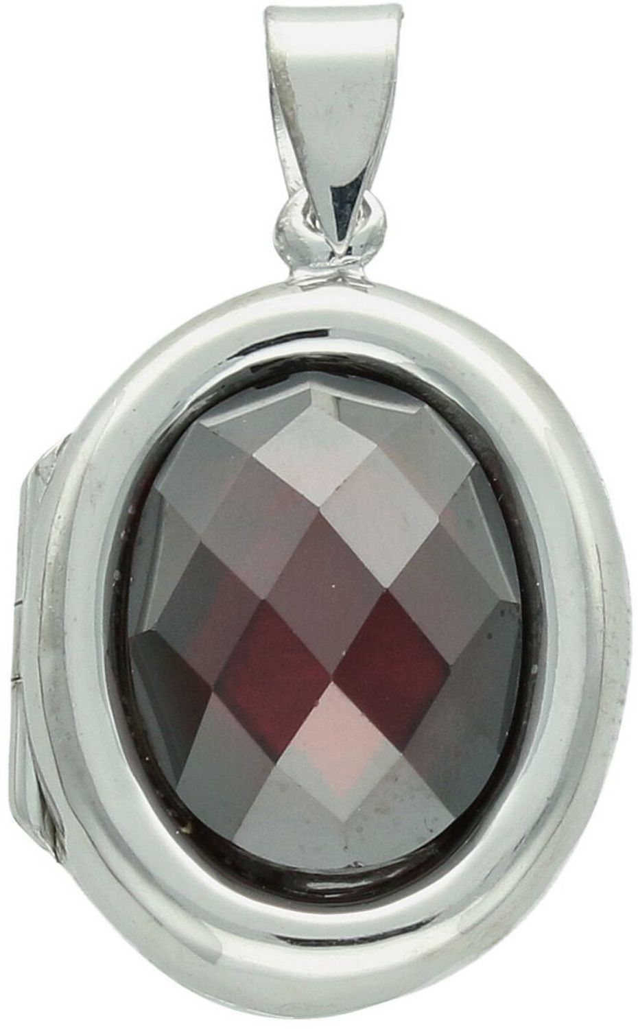 Zawieszka srebrna próby 925 w kształcie owalu, otwierana, z czerwoną cyrkonią z jednej strony i gładką powierzchnią z drugiej. Model DIA-ZAW-13898-925, długość z oczkiem 3,5 cm, 1.jpg