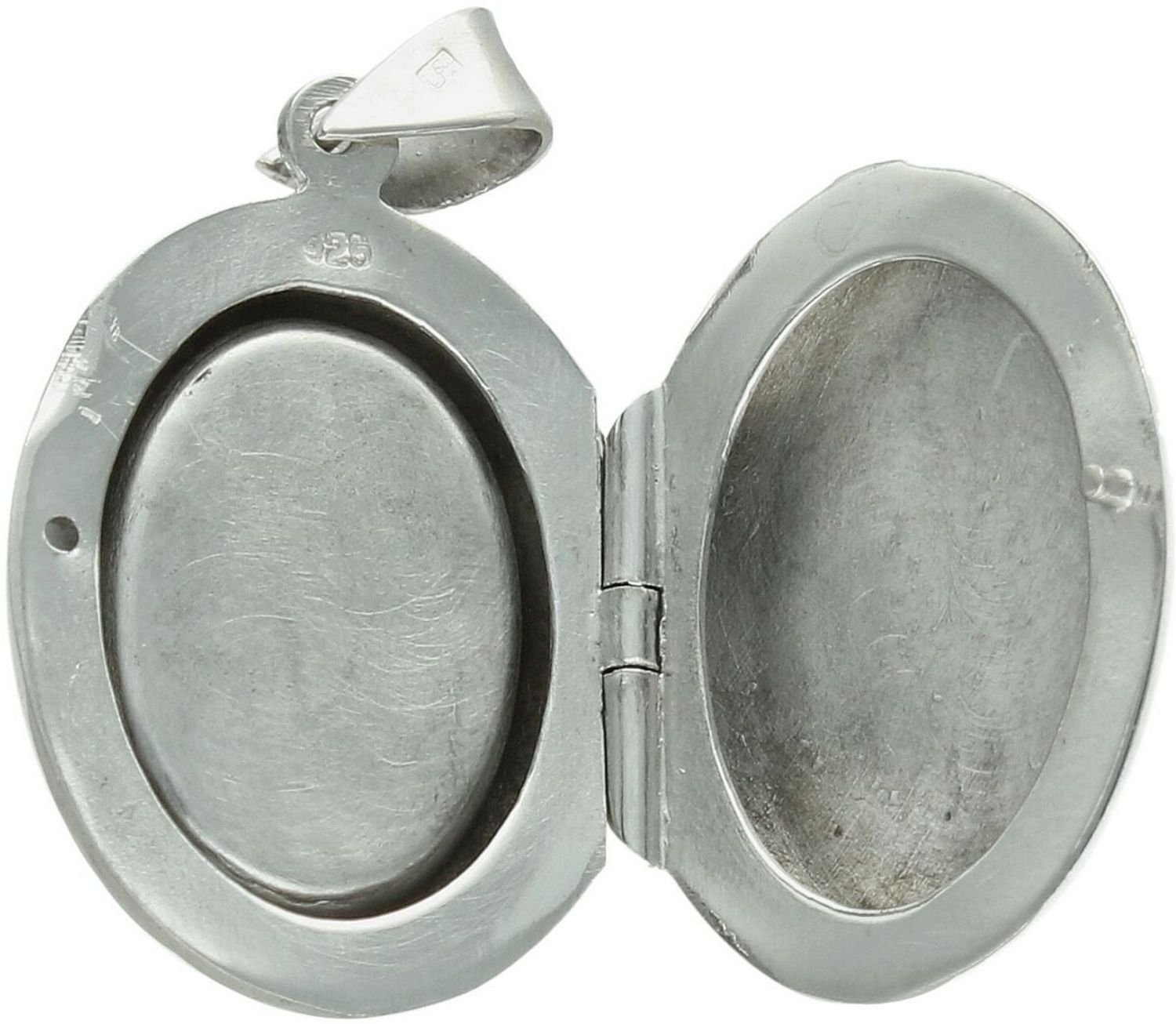 Zawieszka srebrna próby 925 w kształcie owalu, otwierana, z czerwoną cyrkonią z jednej strony i gładką powierzchnią z drugiej. Model DIA-ZAW-13898-925, długość z oczkiem 3,5 cm, 1.jpg