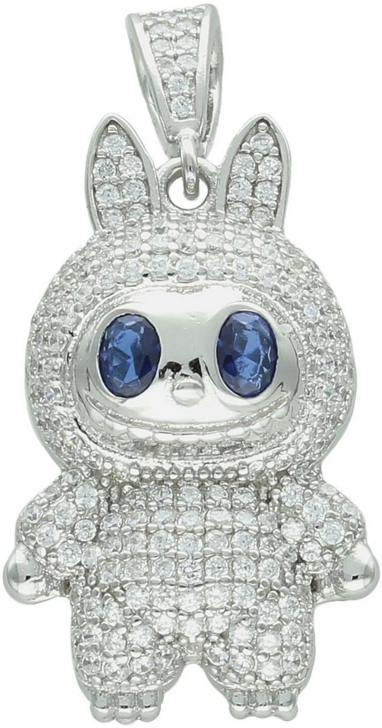 Zawieszka srebrna próby 925 w kształcie laleczki Labubu, zdobiona cyrkoniami. Model DIA-ZAW-13900-925, długość z oczkiem 3,5 cm, szerokość 1,5 cm, waga 7,40 g. Bajkowy i błyszczący prezent dla 1.jpg