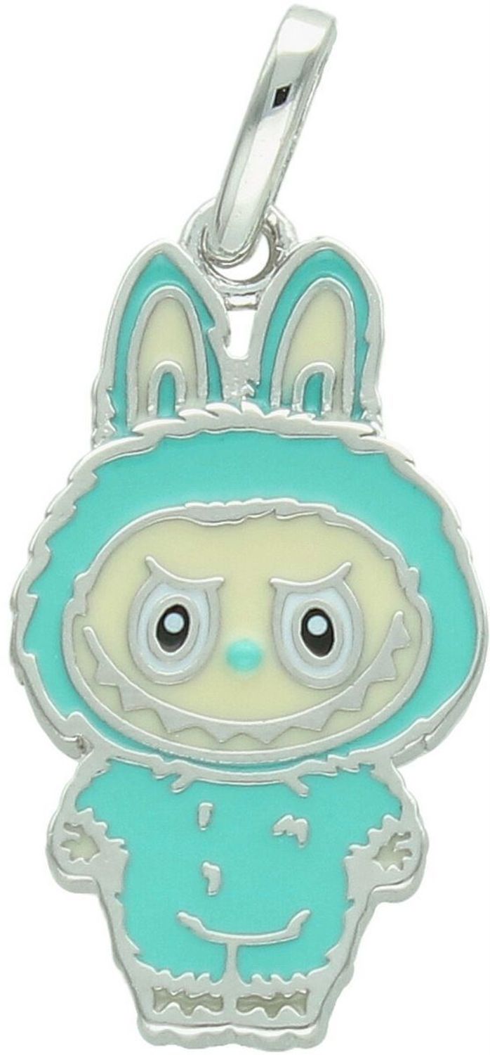 Zawieszka srebrna próby 925 w kształcie laleczki Labubu, zdobiona turkusową emalią. Model DIA-ZAW-13903-925, długość z oczkiem 3,0 cm, szerokość 1,3 cm, waga 3,00 g. Bajkowy i kolorowy prezent 1.jpg