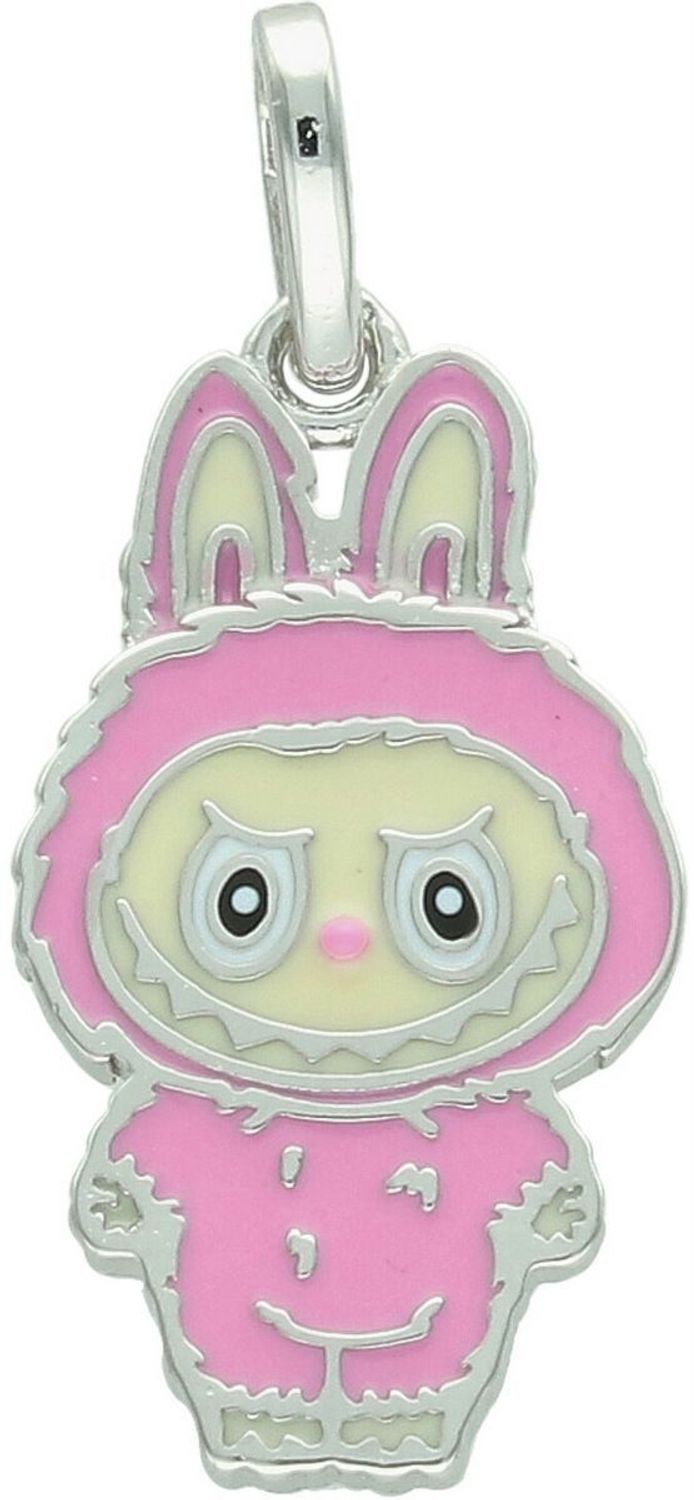 Zawieszka srebrna próby 925 w kształcie laleczki Labubu, zdobiona różową emalią. Model DIA-ZAW-13904-925, długość z oczkiem 3,0 cm, szerokość 1,3 cm, waga 3,00 g. Bajkowy i kolorowy prezent 1.jpg