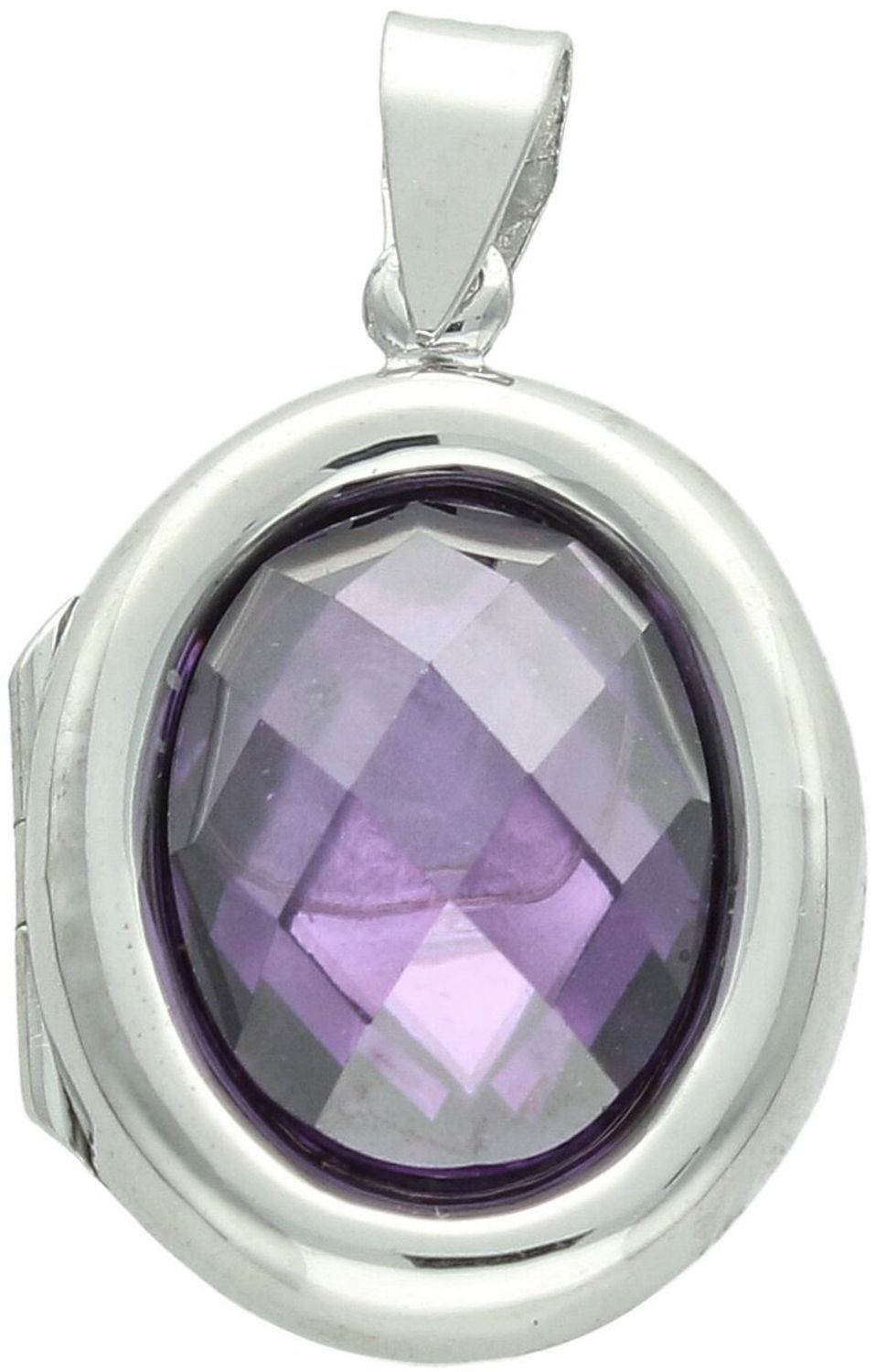 Zawieszka srebrna próby 925 w kształcie owalu, otwierana, z fioletową cyrkonią z jednej strony i gładką powierzchnią z drugiej. Model DIA-ZAW-13907-925, długość z oczkiem 3,5 cm, szerokość 2,1 1.jpg