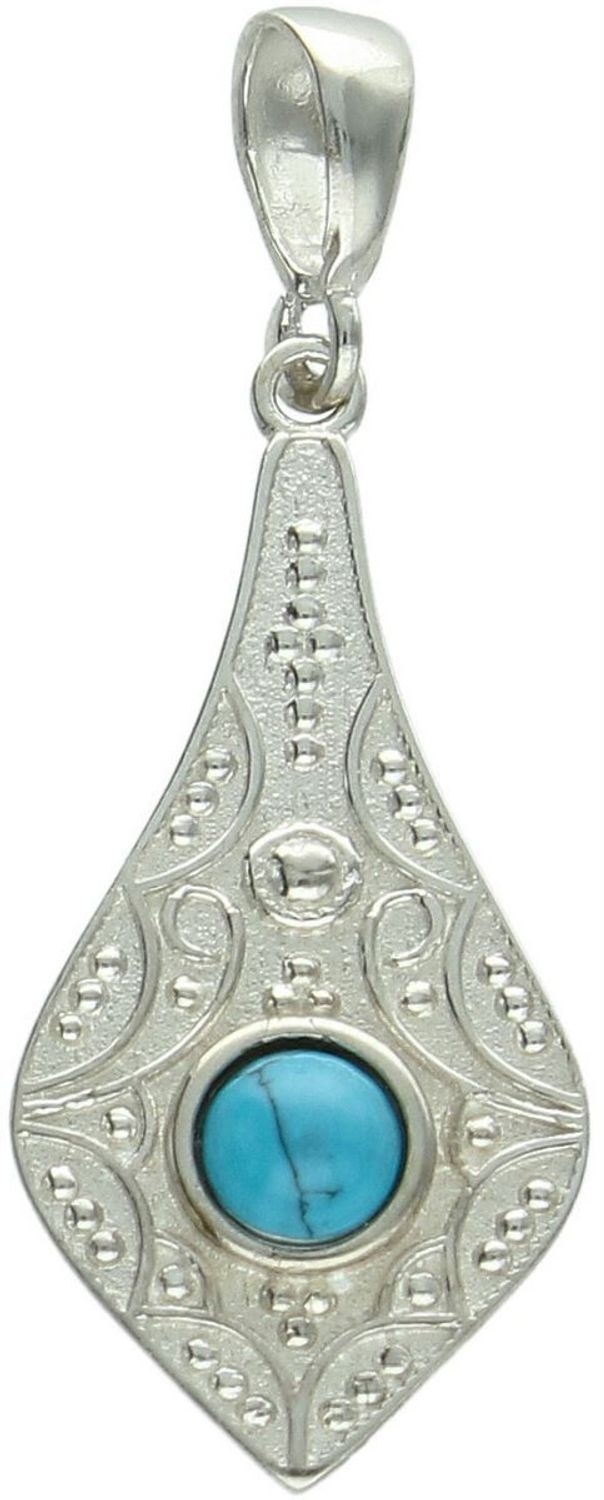 Elegancka zawieszka srebrna próby 925 w geometrycznym kształcie, zdobiona małym, okrągłym turkusem. Model DIA-ZAW-13996-925, długość z oczkiem 3,7 cm, szerokość 1,4 cm, waga 2,5 g. Idealny 1.jpg