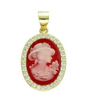 Zawieszka srebrna pozłacana Dama Kameliowa - owalna z cyrkoniami emalia 925 DIA-ZAW-14098-925 red.jpg