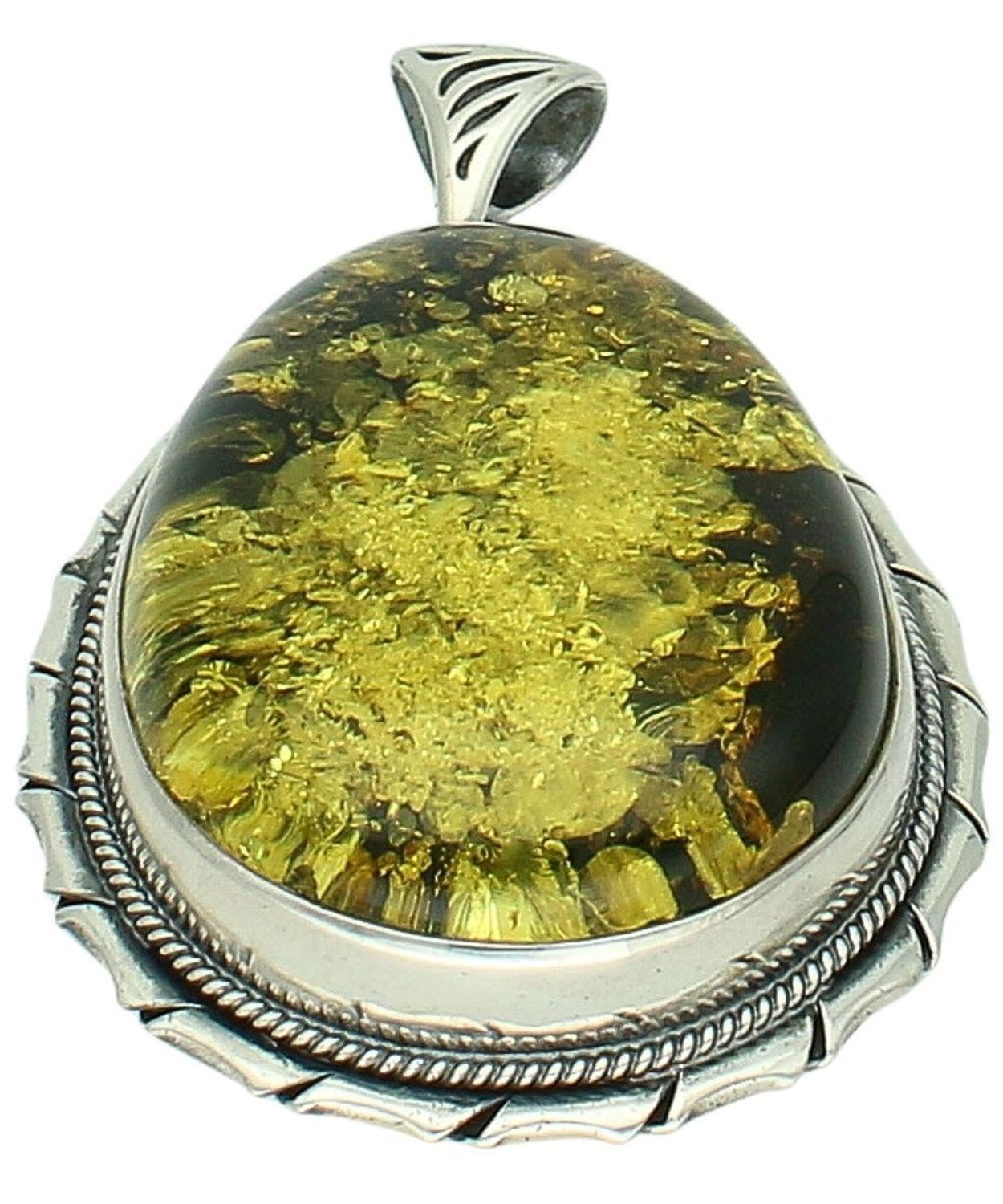 Duża Zawieszka Srebrna 925 Oksydowana z Zielonym Bursztynem Ag.jpg