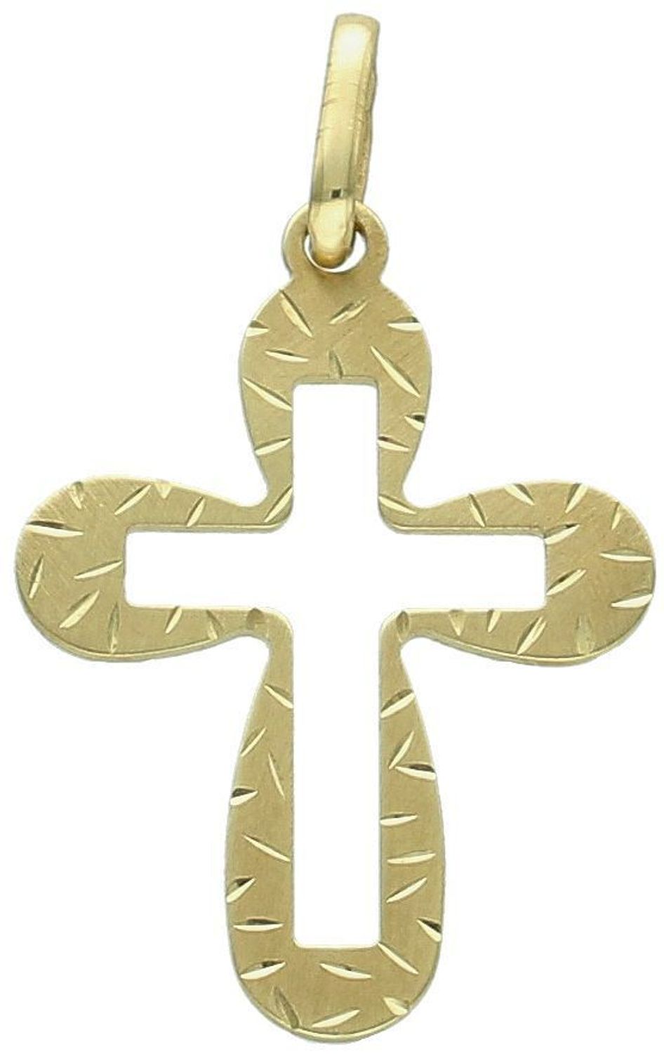 Złota zawieszka krzyżyk grawerowany, zaokrąglony DIA-ZAW-1483-333, próba 333. Złoty krzyżyk zaokrąglony, to bardzo elegancki wybór na prezent, który jest subtelny i ponadczasowy. 1.jpg