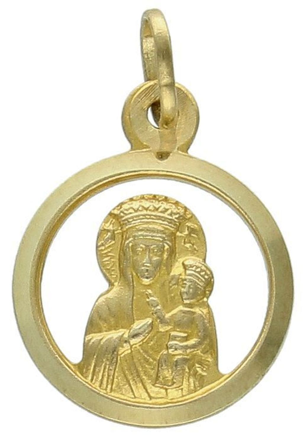 Złota zawieszka okrągły medalik Matka Boska Częstochowska DIA-ZAW-1496-333. Piękny medalik o bogatej symbolice religijnej w okrągłym kształcie. Medalik złoty świetnie sprawdzi się jako 1.jpg