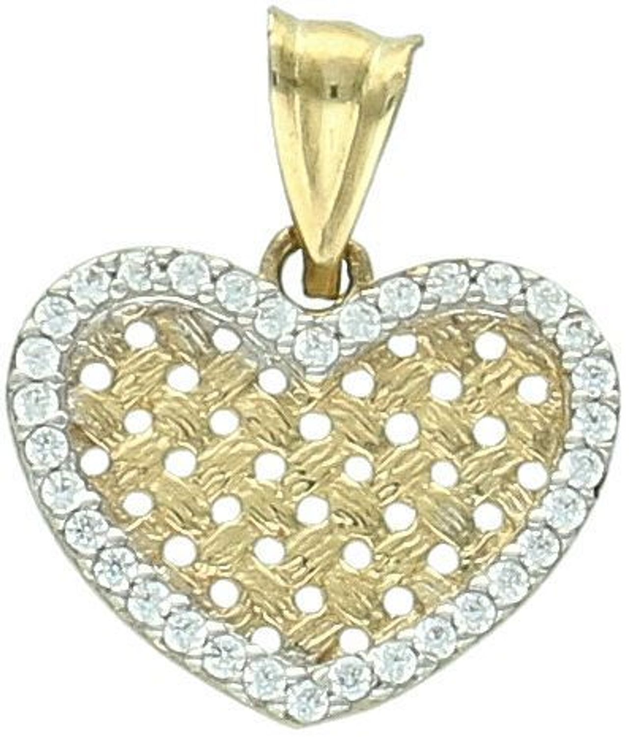 Zawieszka złota serce z cyrkoniami próba 333, DIA-ZAW-1526-333 Elegancka zawieszka w kształcie serca, ozdobiona cyrkoniami oraz subtelną złotą krateczką w środku. 1.jpg