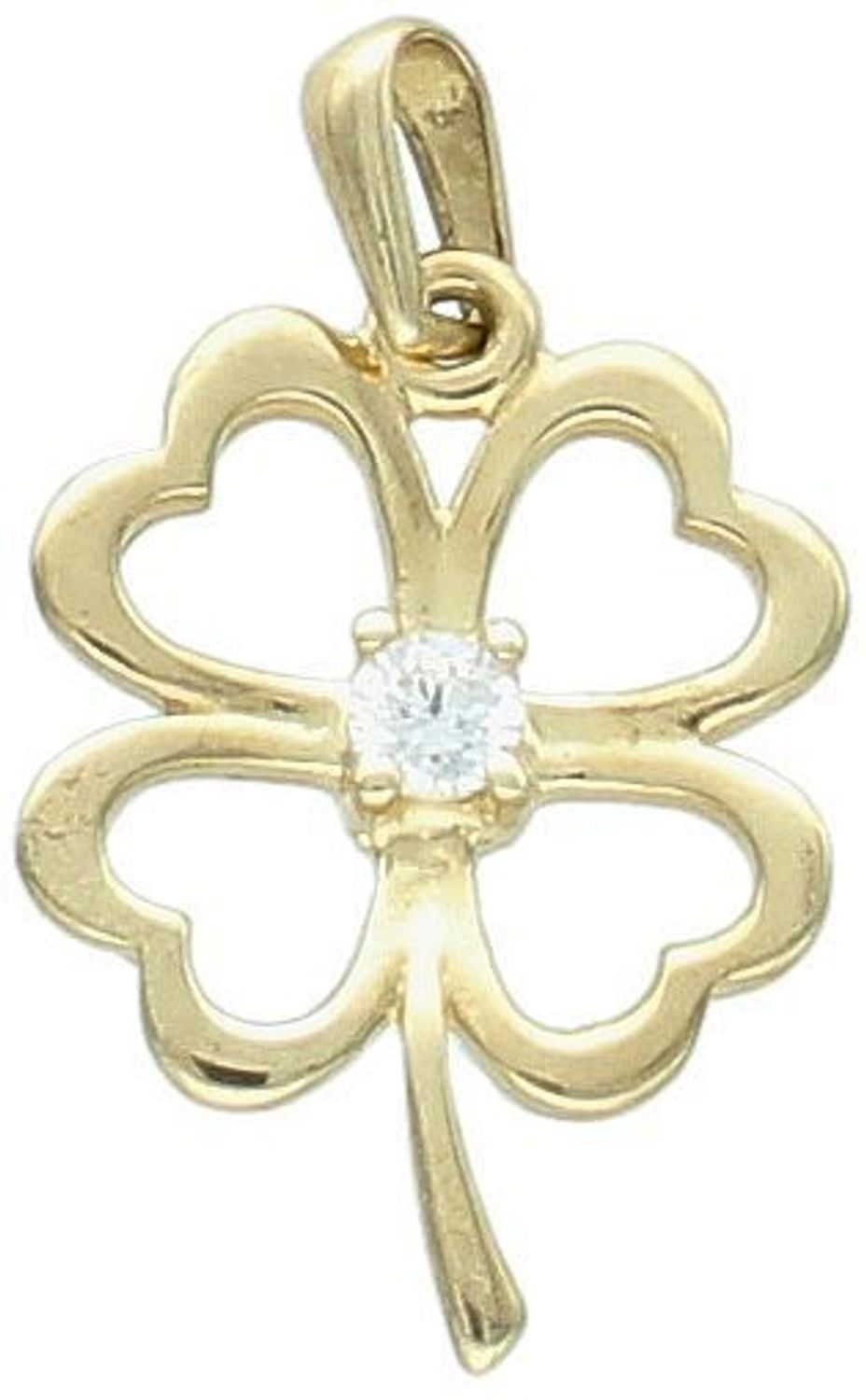 Złota zawieszka koniczynka z cyrkonią próba 333, DIA-ZAW-1530-333. ☘️ Ta wyjątkowa złota zawieszka w kształcie koniczynki to symbol pomyślności i radości. 1.jpg