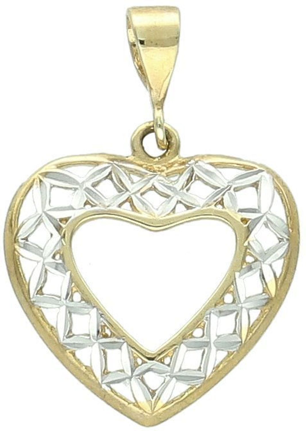 Zawieszka złote serce ażurowe z białym złotem próba 333, DIA-ZAW-1531-333 Elegancka złota zawieszka w kształcie ażurowego serca, ozdobiona białym złotem i pustą przestrzenią 1.jpg