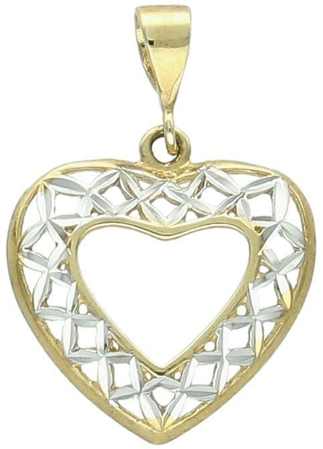 Zawieszka złote serce ażurowe z białym złotem próba 333, DIA-ZAW-1531-333 Elegancka złota zawieszka w kształcie ażurowego serca, ozdobiona białym złotem i pustą przestrzenią 1.jpg