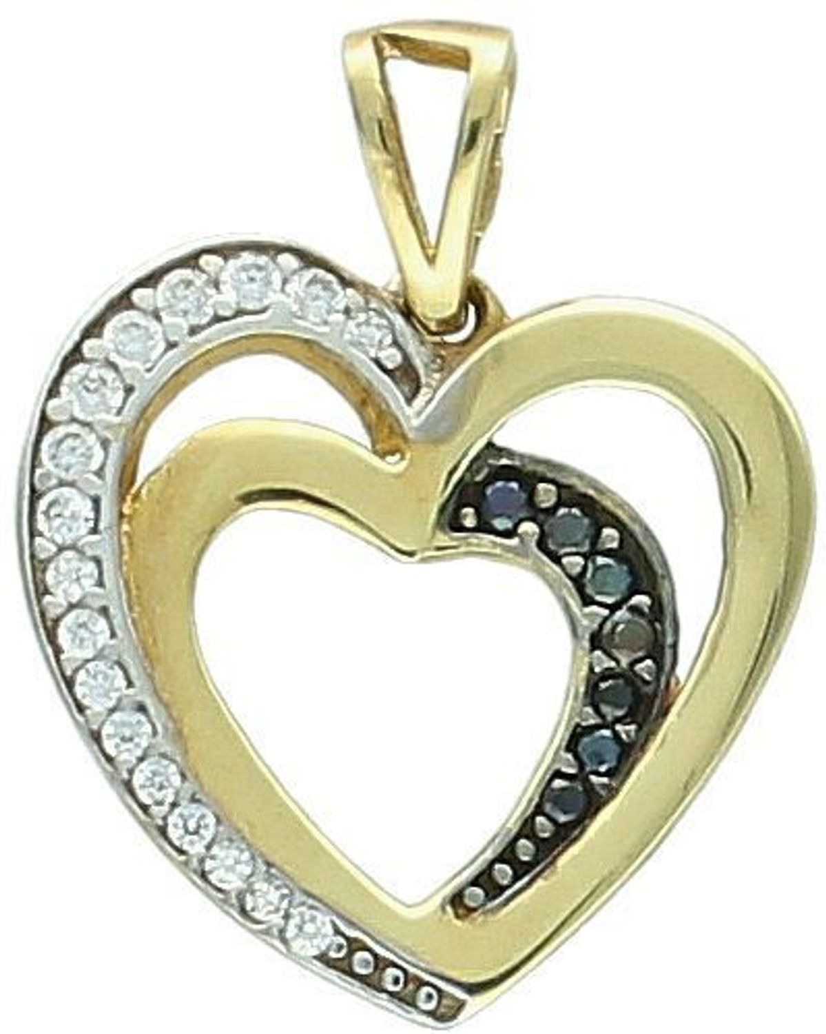 Złota zawieszka dwa serca ozdobione cyrkonią próba 333, DIA-ZAW-1537-333. Złota zawieszka dwa serca z białą i czarną cyrkonią – próba 333 💛 Złota zawieszka w kształcie dwóch splecionych serc 1.jpg